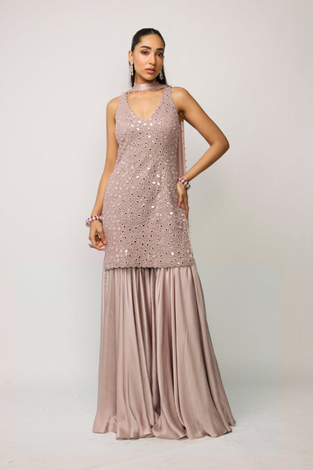 Ash Pink Satin Sharara Set