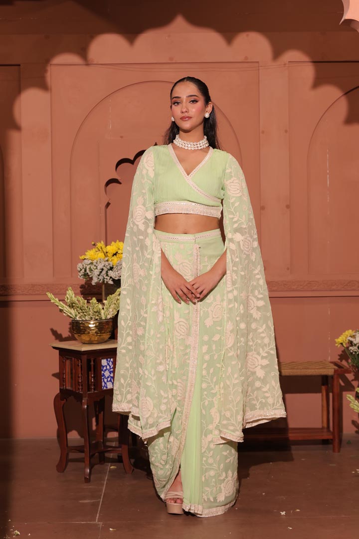 Embroidered Pleated Top with Drape Skirt