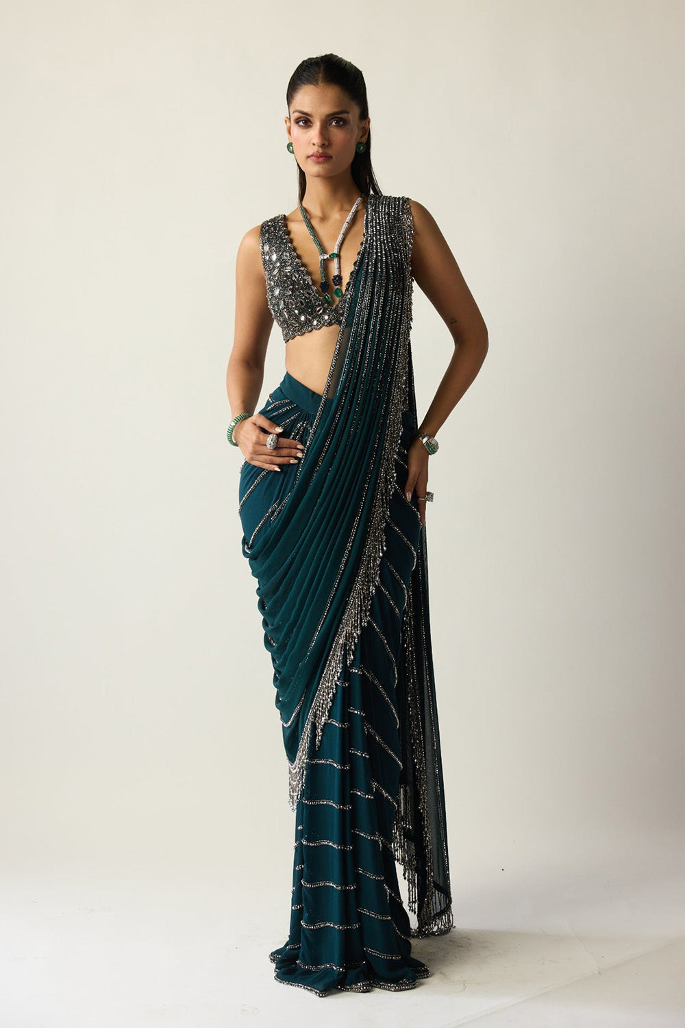 Dark Teal Linear Draped Saree