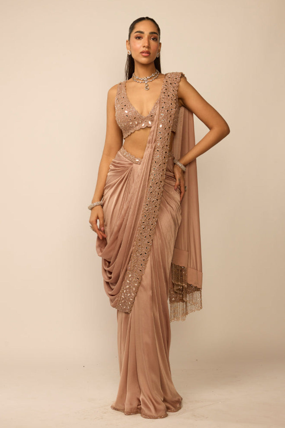 Bronze Ros� Satin Draped Saree Set