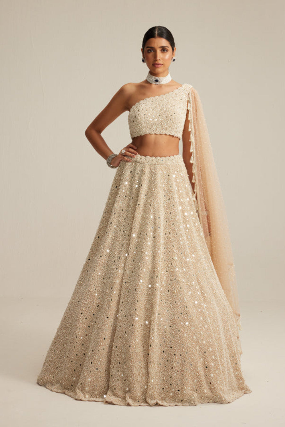 Light Beige Dense mirror and pearl one shoulder lehenga set
