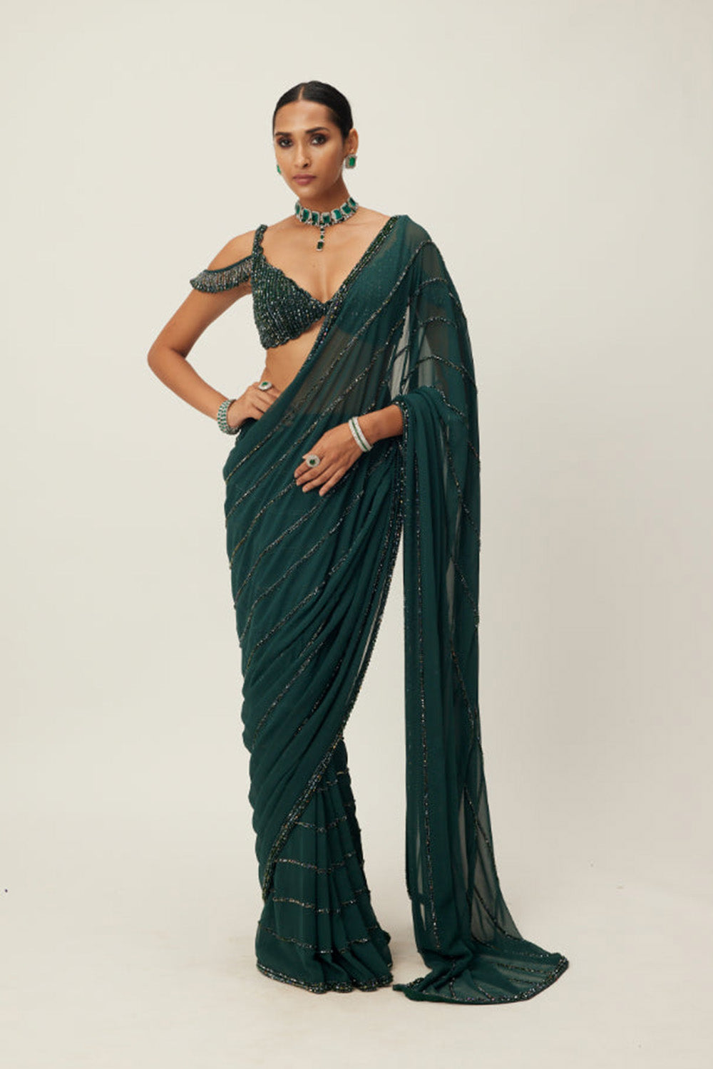 Dark Jade Green Crystal Linear Embroidered Saree
