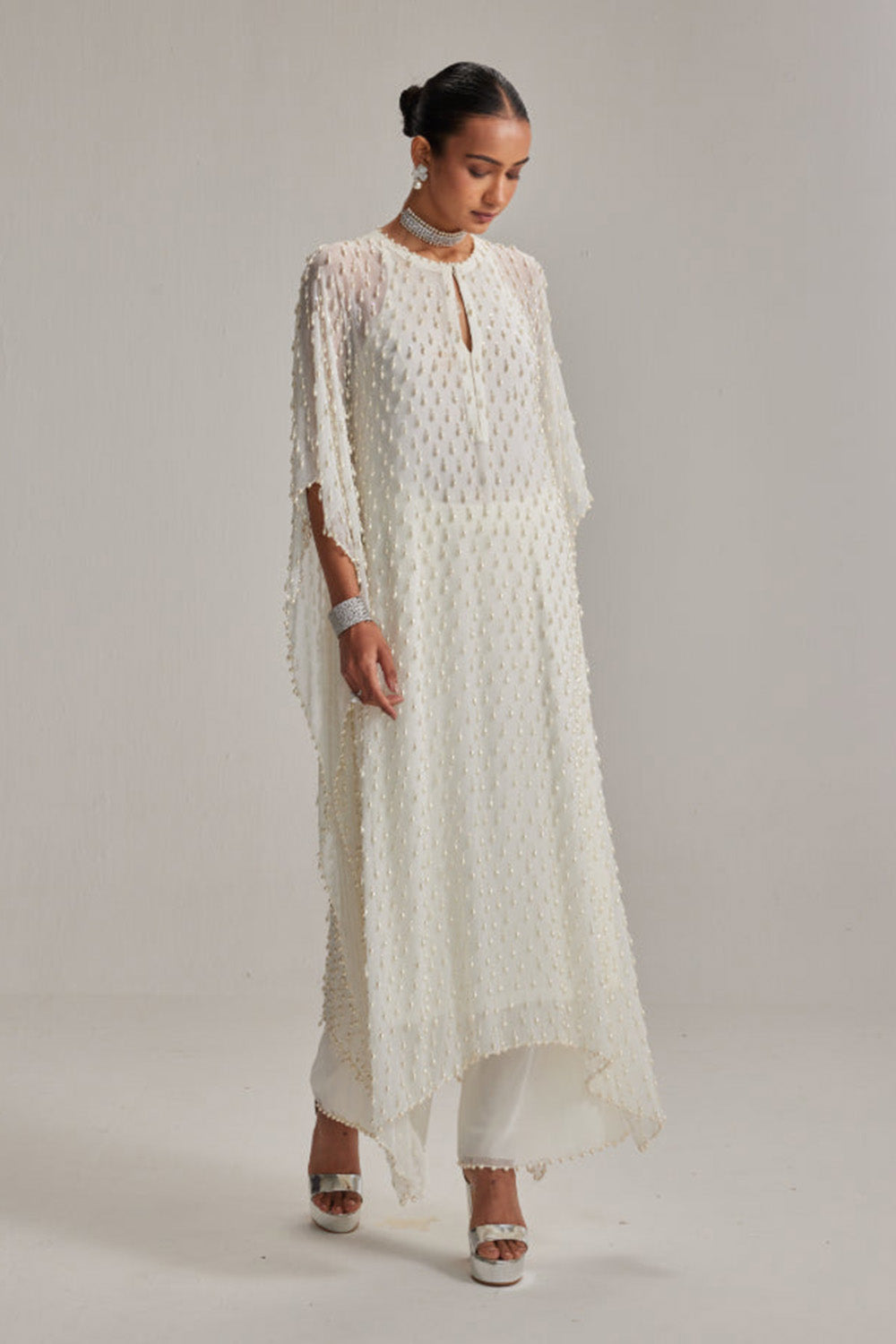 Off White Pearl Drop Kaftaan set