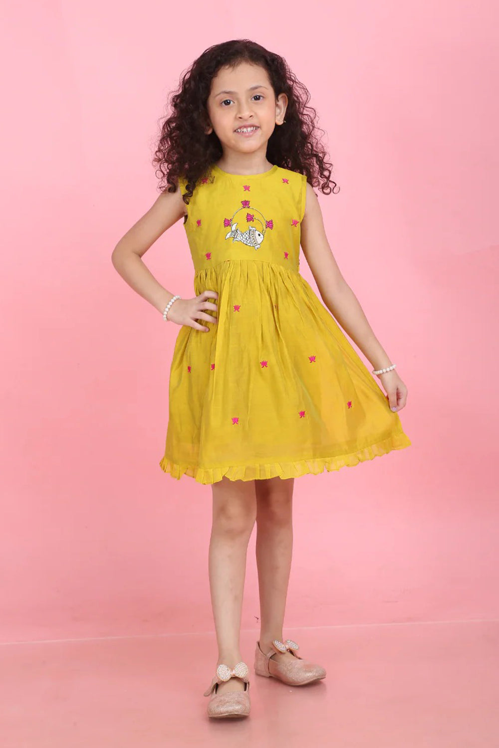 MUSTARD PICHWAI FISH AND LOTUS DRESS