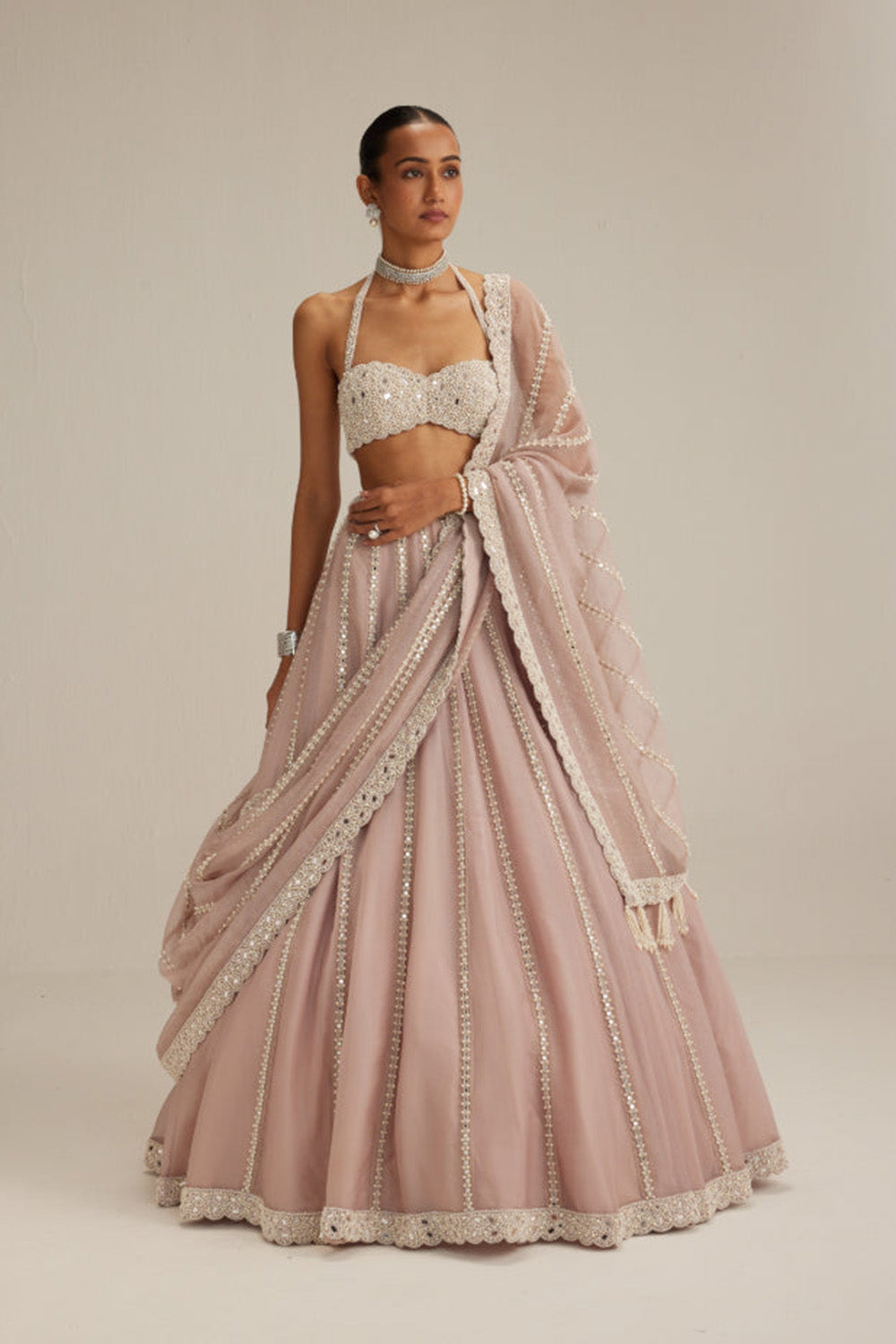 Ash Pink linear embroidered Organza Lehenga Set