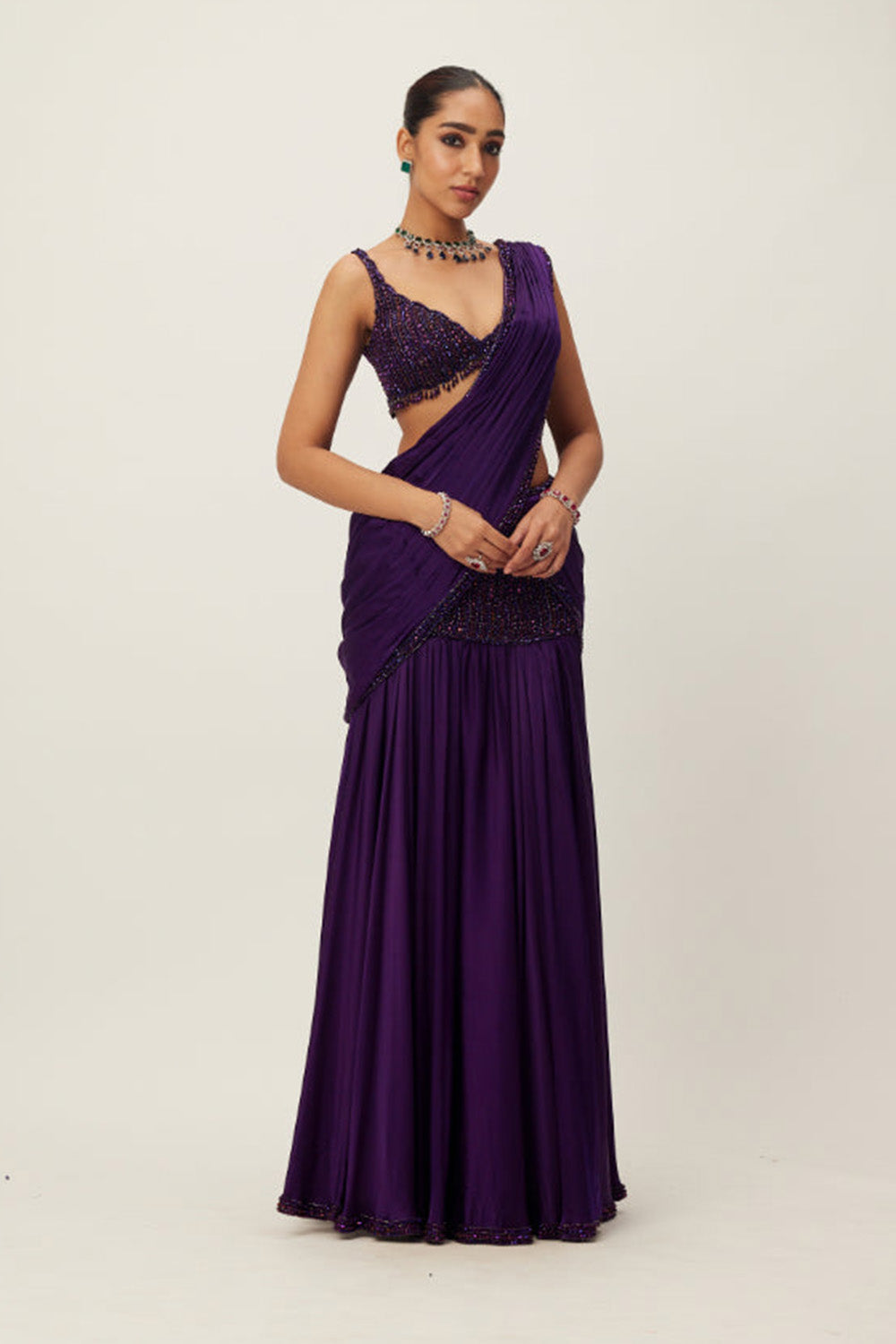 Royalty Purple Pre Draped Crystal beaded Saree Set