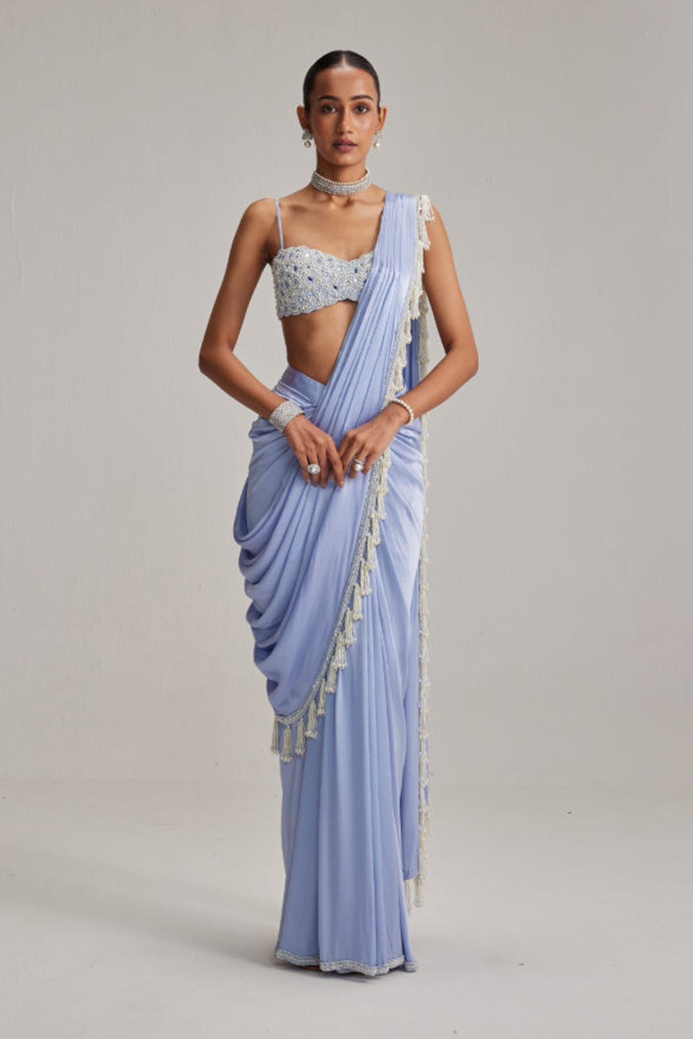 Dew Blue Satin Draped Saree Set