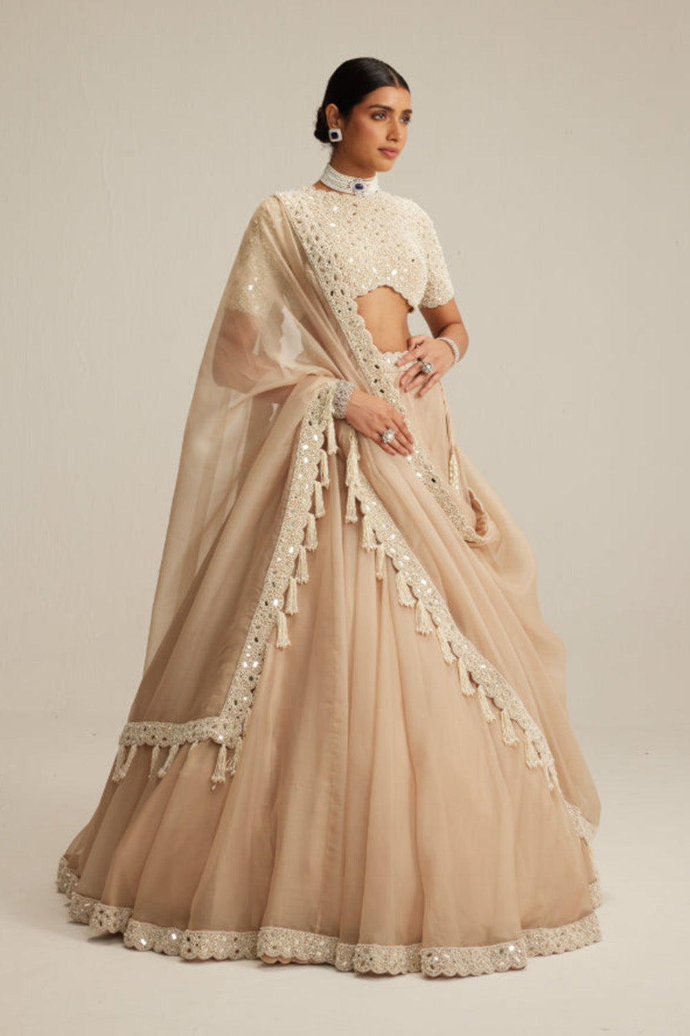 Light Beige High Neck Organza mirror and pearl lehenga set