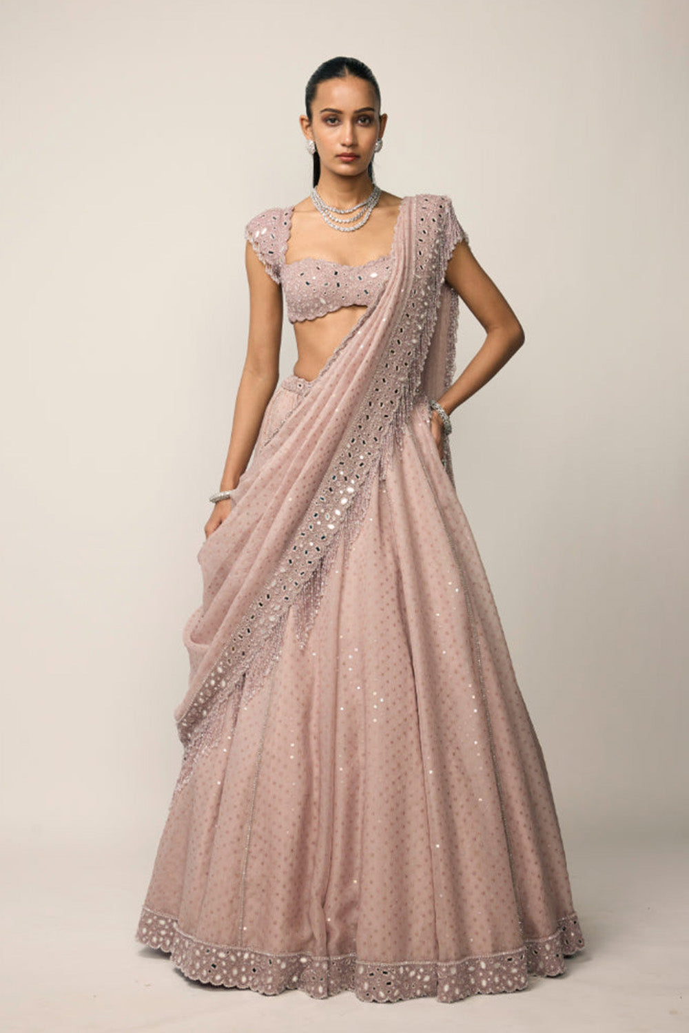 Ash Pink Sequins Embroidered Lehenga Set