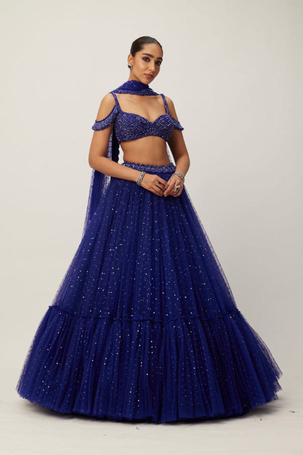 cocktail Blue Sequins Scattered Tulle Lehenga Set