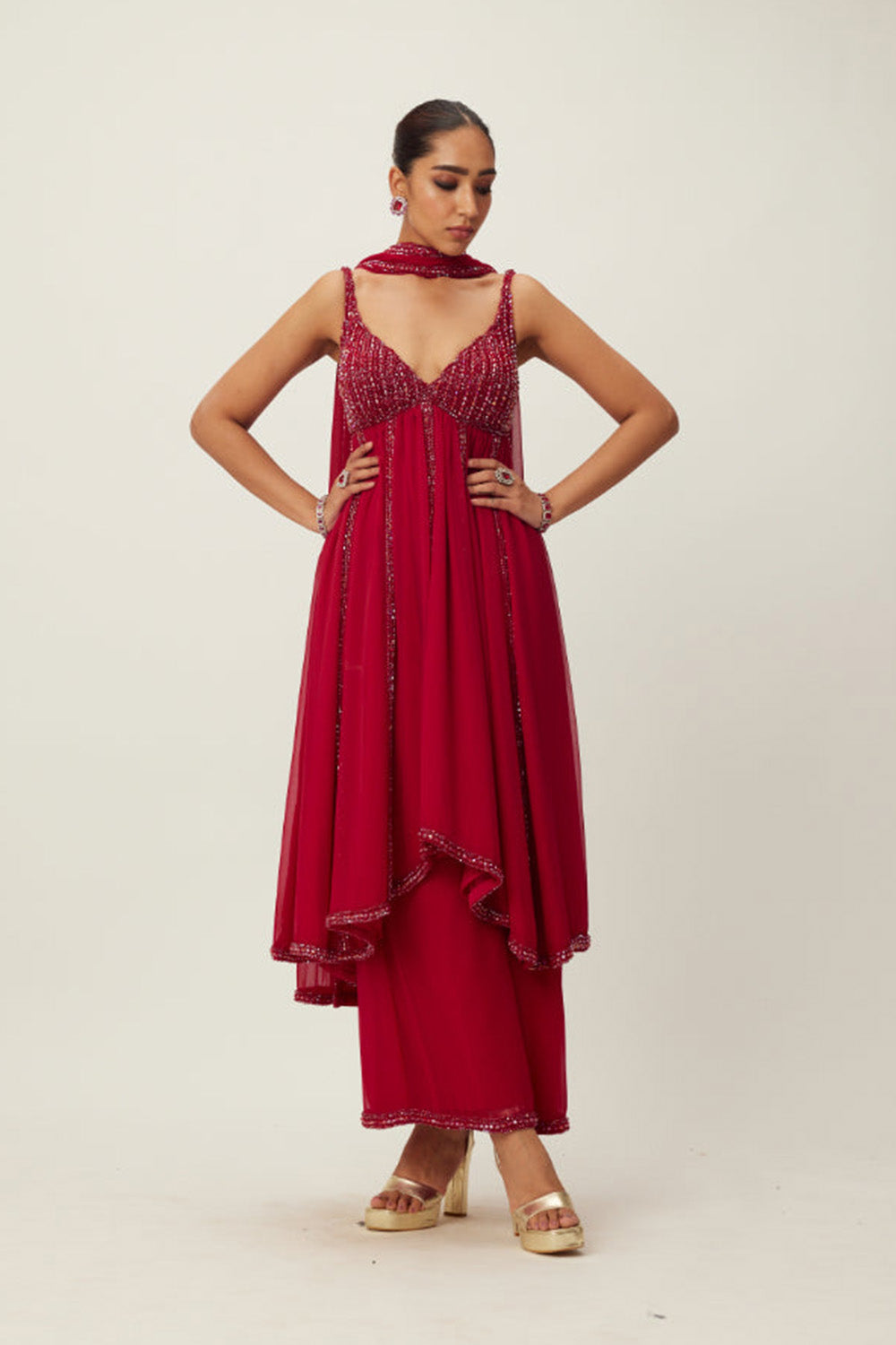 Ruby Red crystal embellished Kurta Set