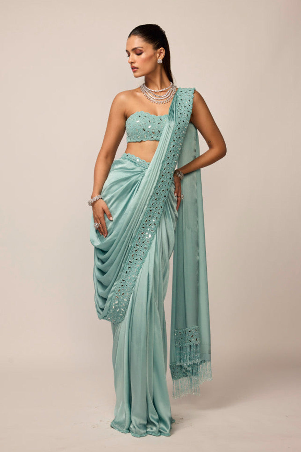Powder Blue Satin Draped Saree Set