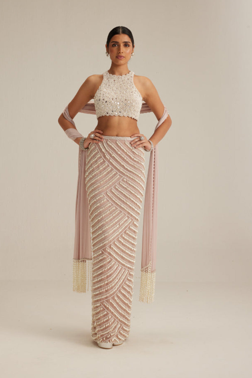 Ash Pink Pearl Drop Pencil Skirt Set