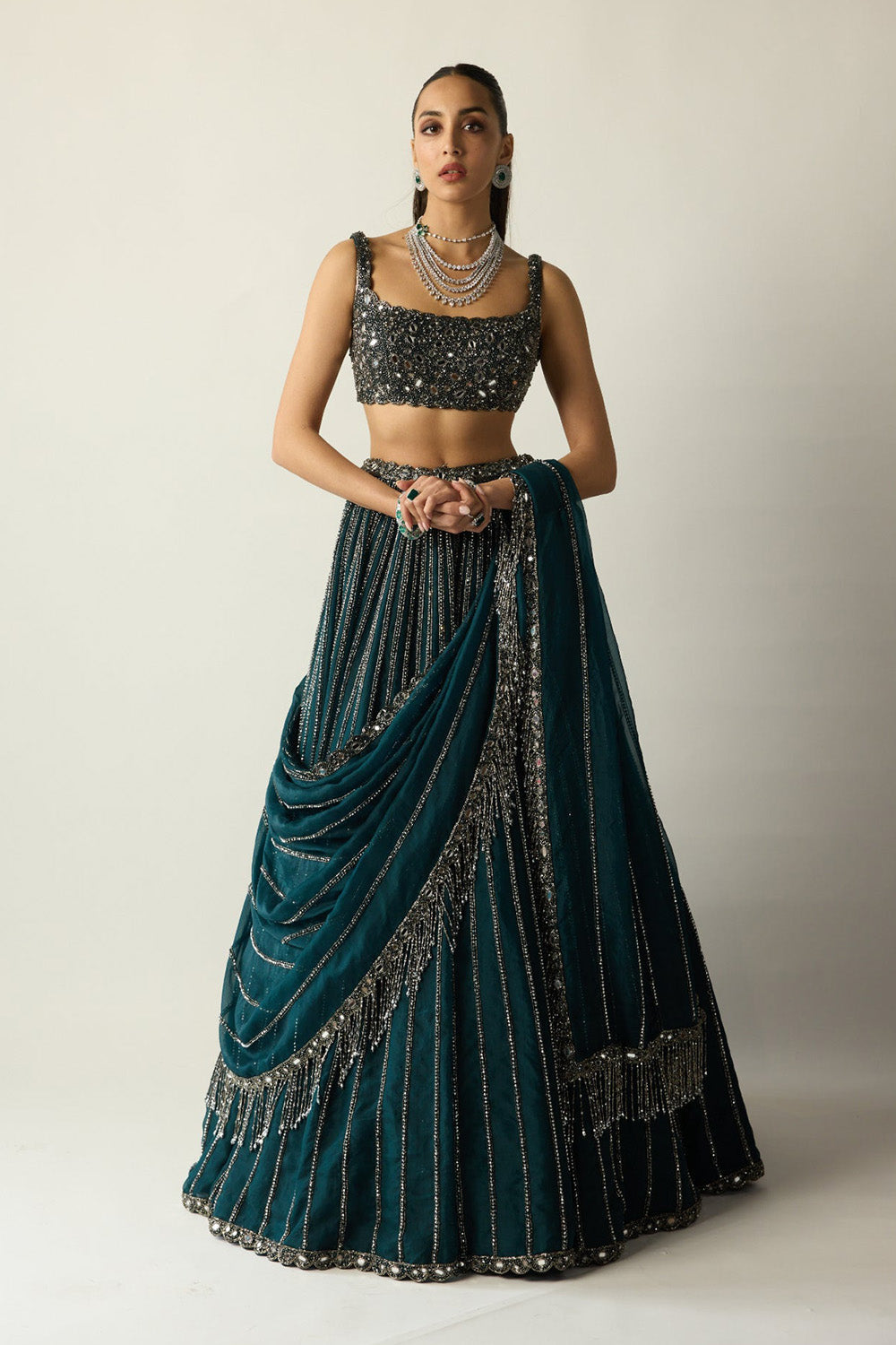 Dark Teal Linear Lehenga Set