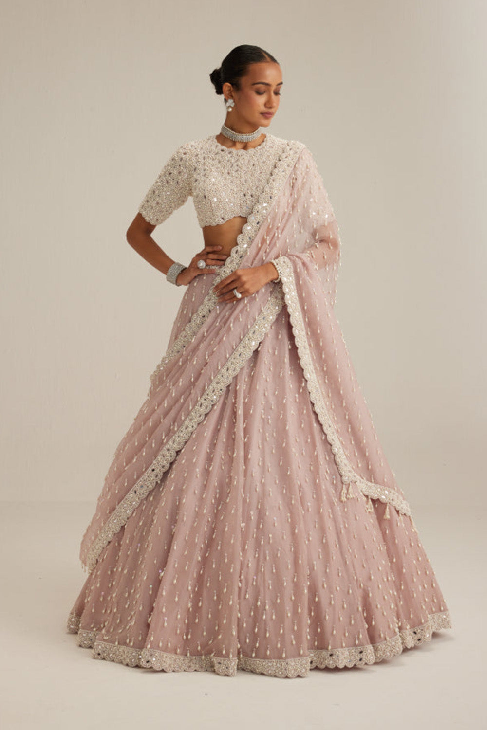 Ash Pink Pearl Drop Lehenga with high neck blouse