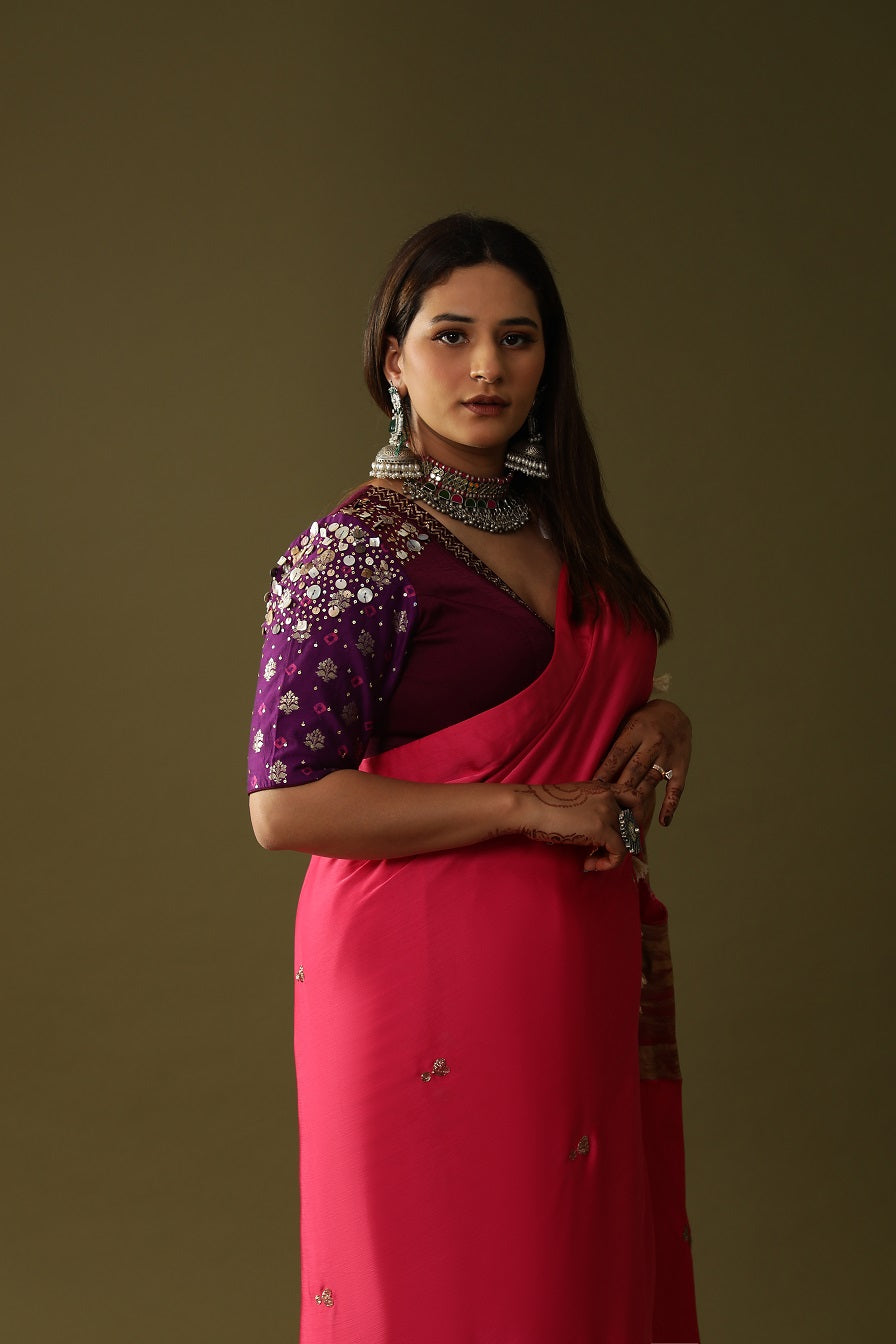 Pink Pre stitched Handpainted Saree set