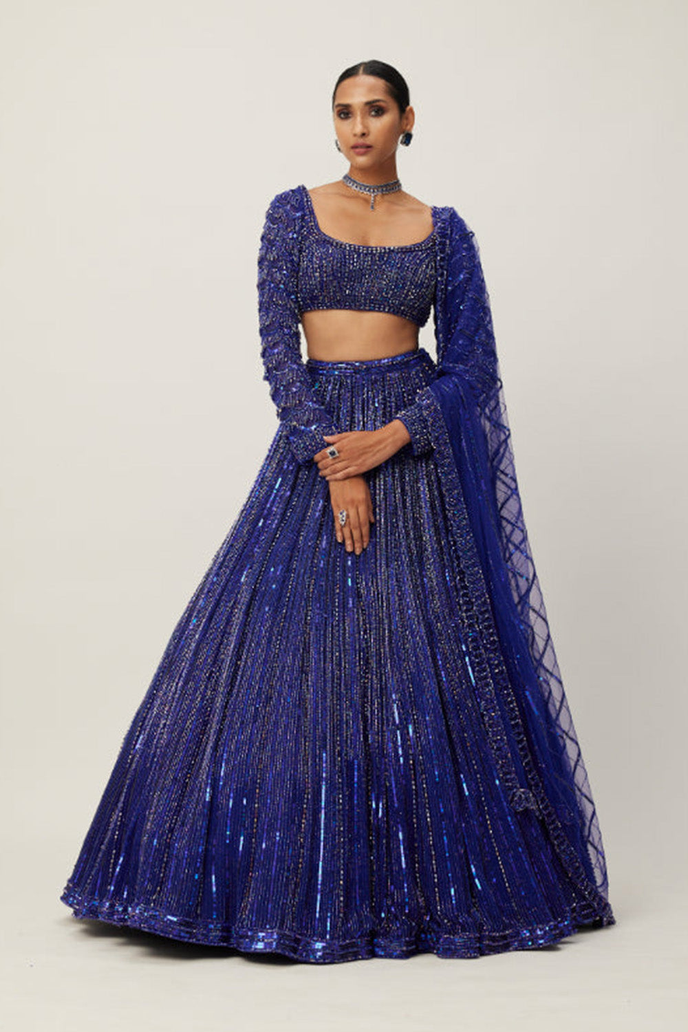 Cocktail blue Crystal linear Embroidered Lehenga Set