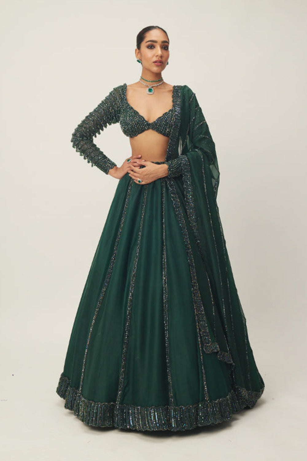 Dark Jade Green Organza Lehenga Set