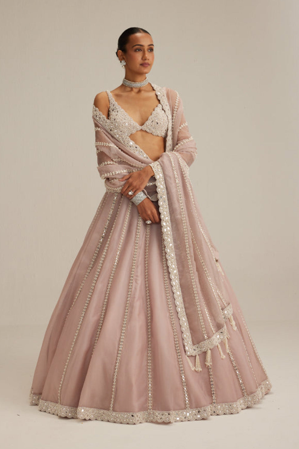 Ash Pink Pearl Mirror linear Lehenga with V neck Blouse