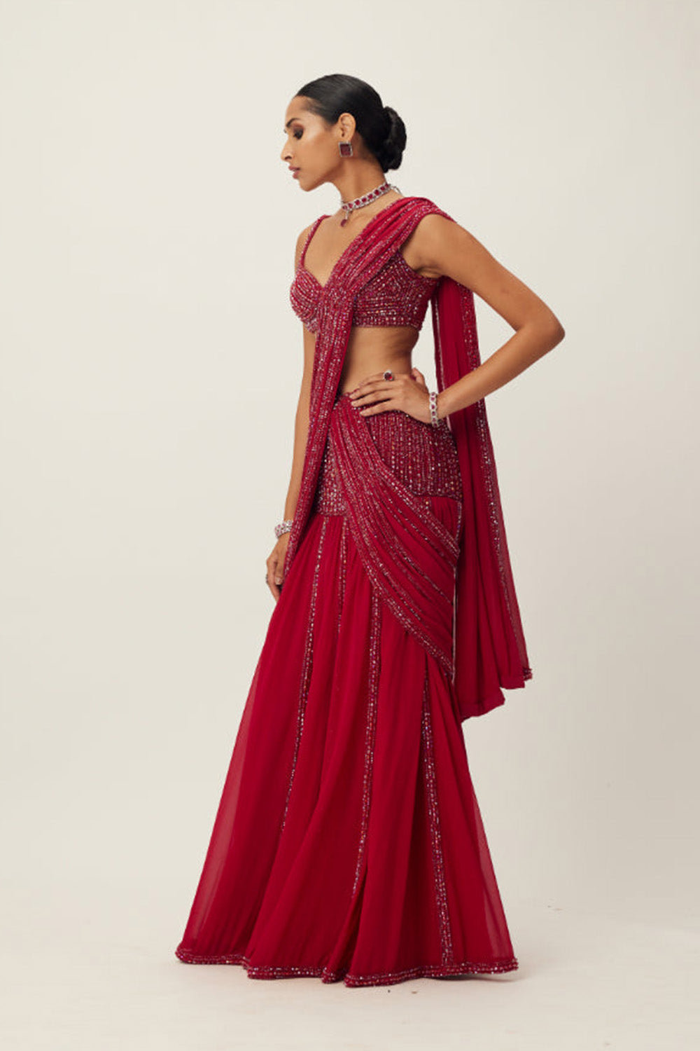 Ruby Red Pre Draped Crystal Embellished Saree Set