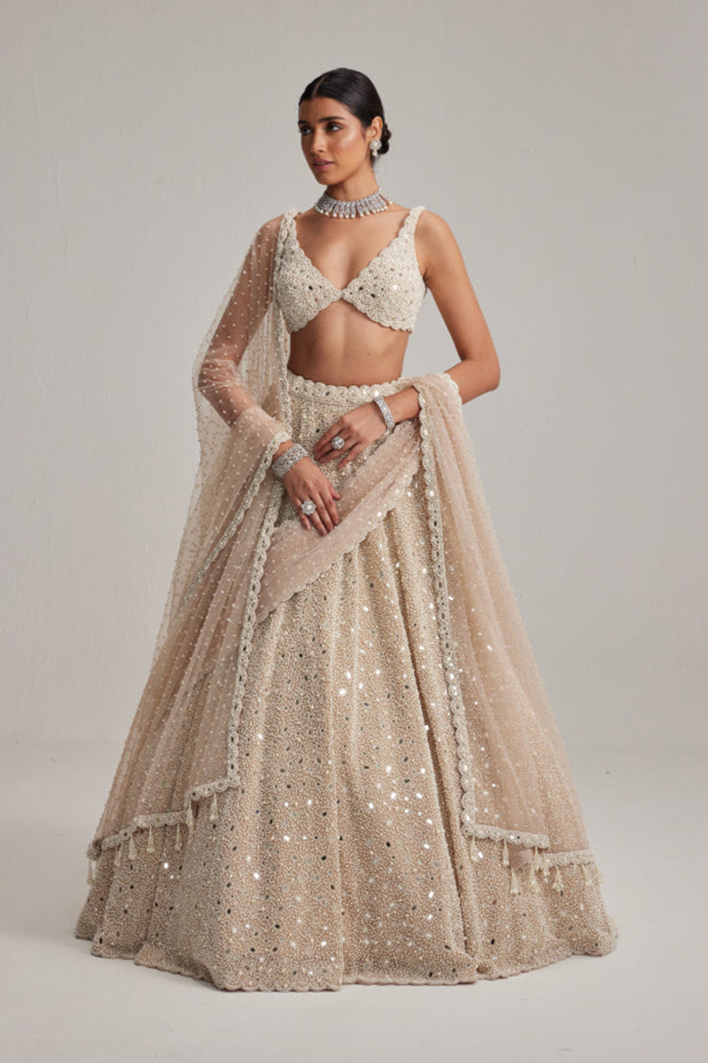 Light Beige Dense mirror and pearl lehenga set With Double Dupatta