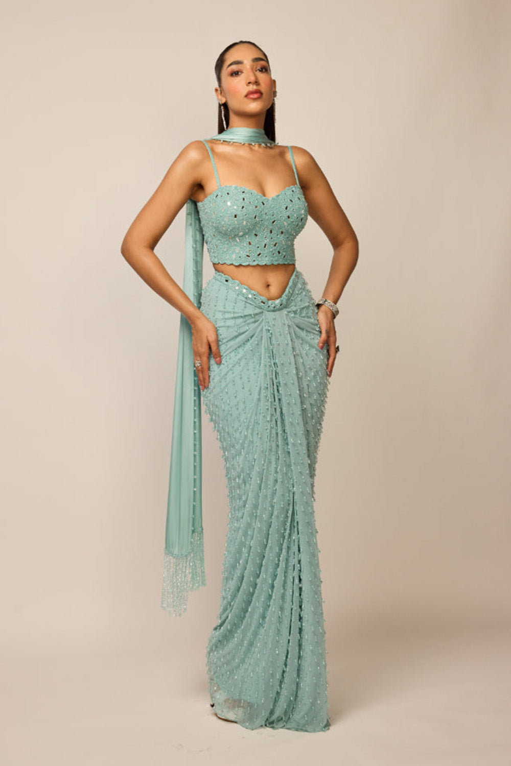 Powder Blue Single Drop Draped Skirt Set