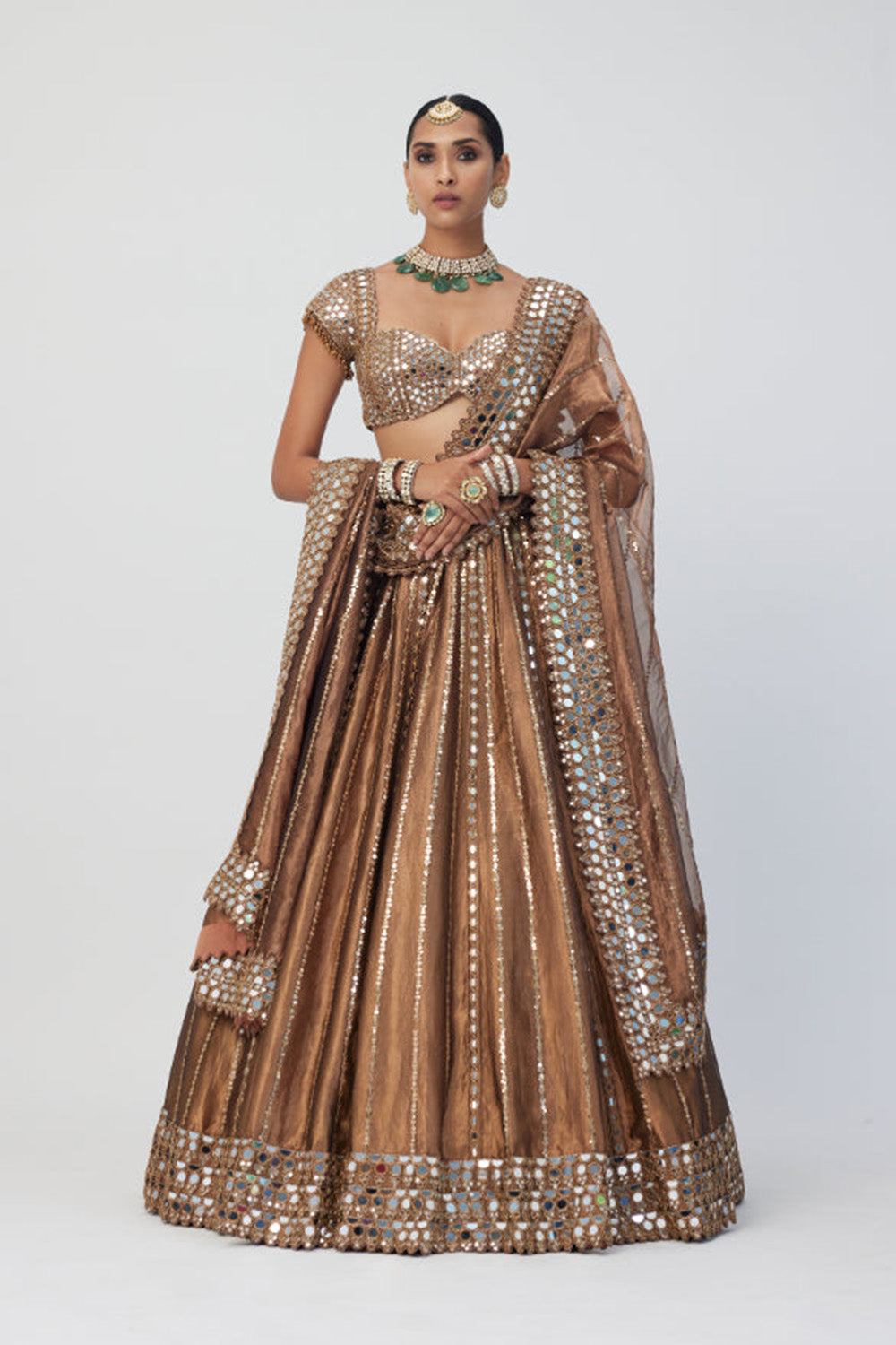 Copper Shimmer Organza Linear Lehenga Set