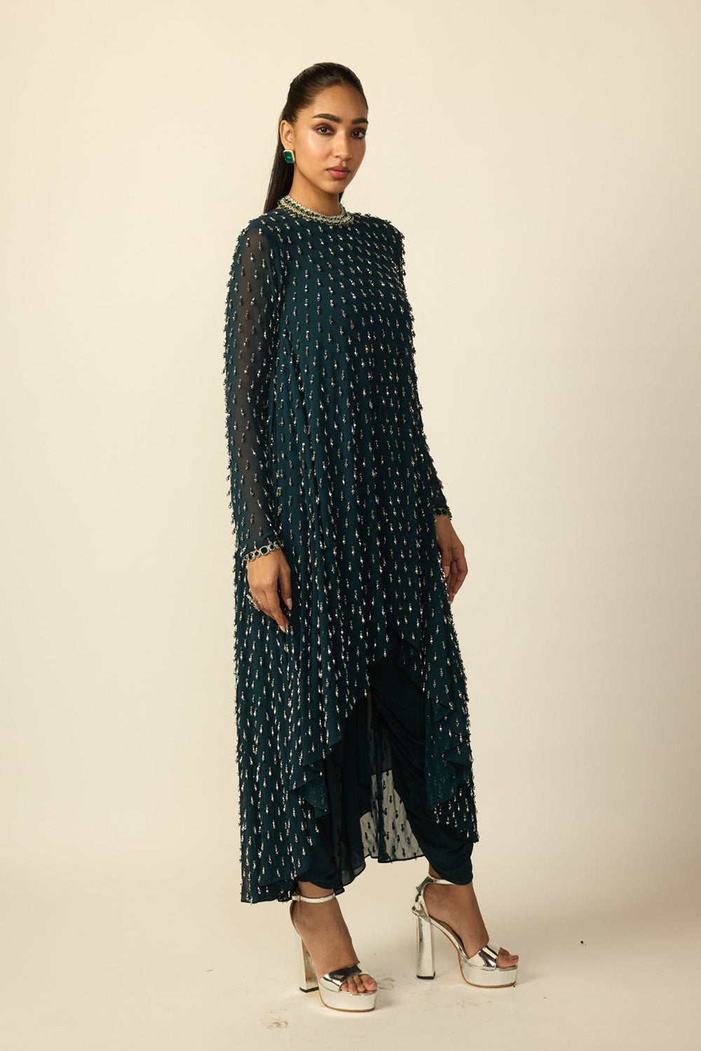 Dark Teal Silver Drop Kurta With Stole