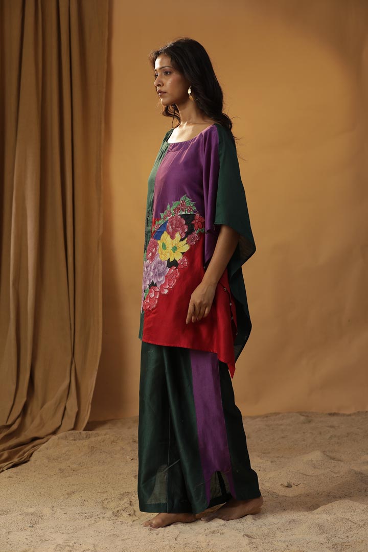 Image of GREEN BUTTERFLY BLOCK PRINT KAFTAN CO-ORD SET