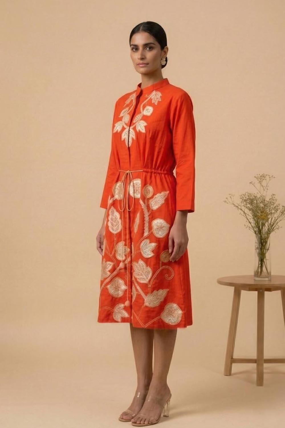 THETAA Iraaya - Embroidered vermilion shirt dress