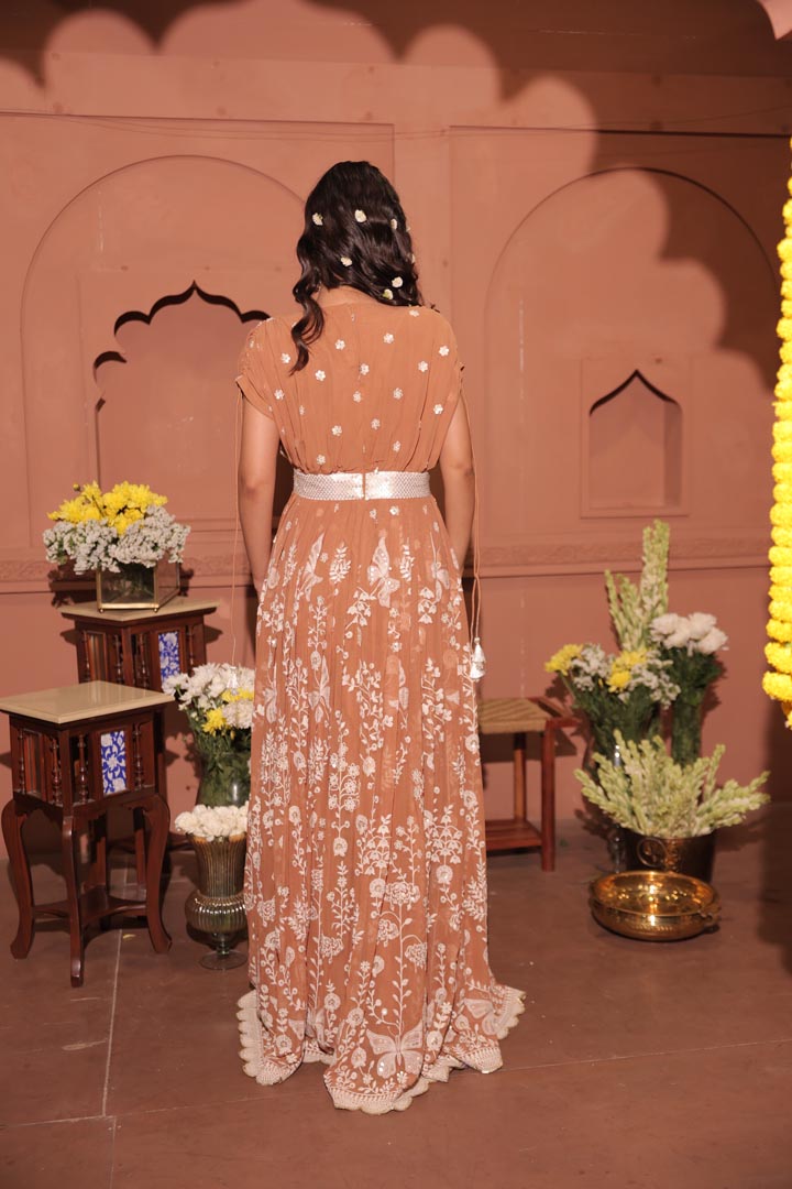 Mocha Blossom Embroidered Georgette Saree Set