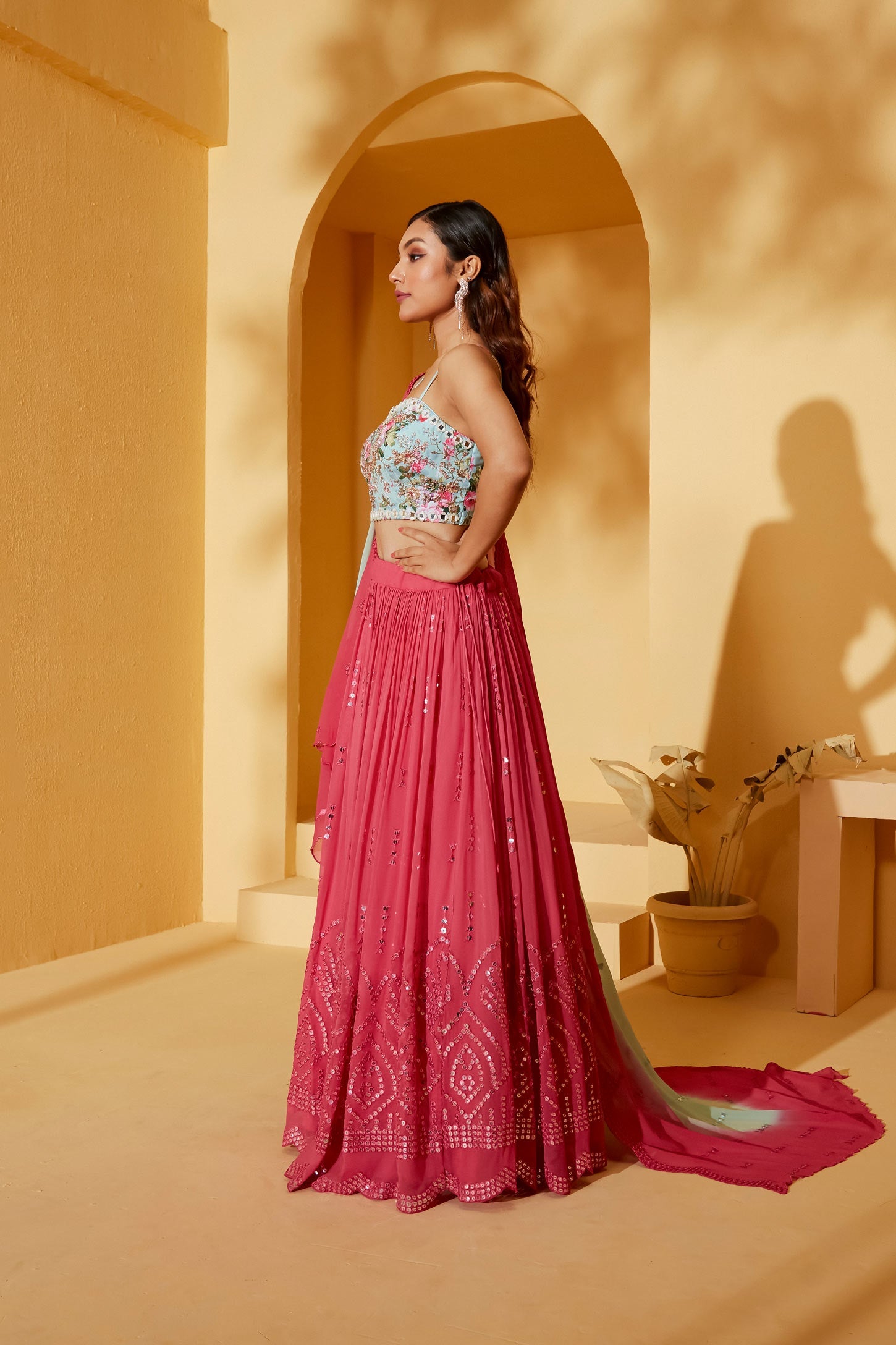 LIGHT BLUE AND CORAL LEHENGA SET