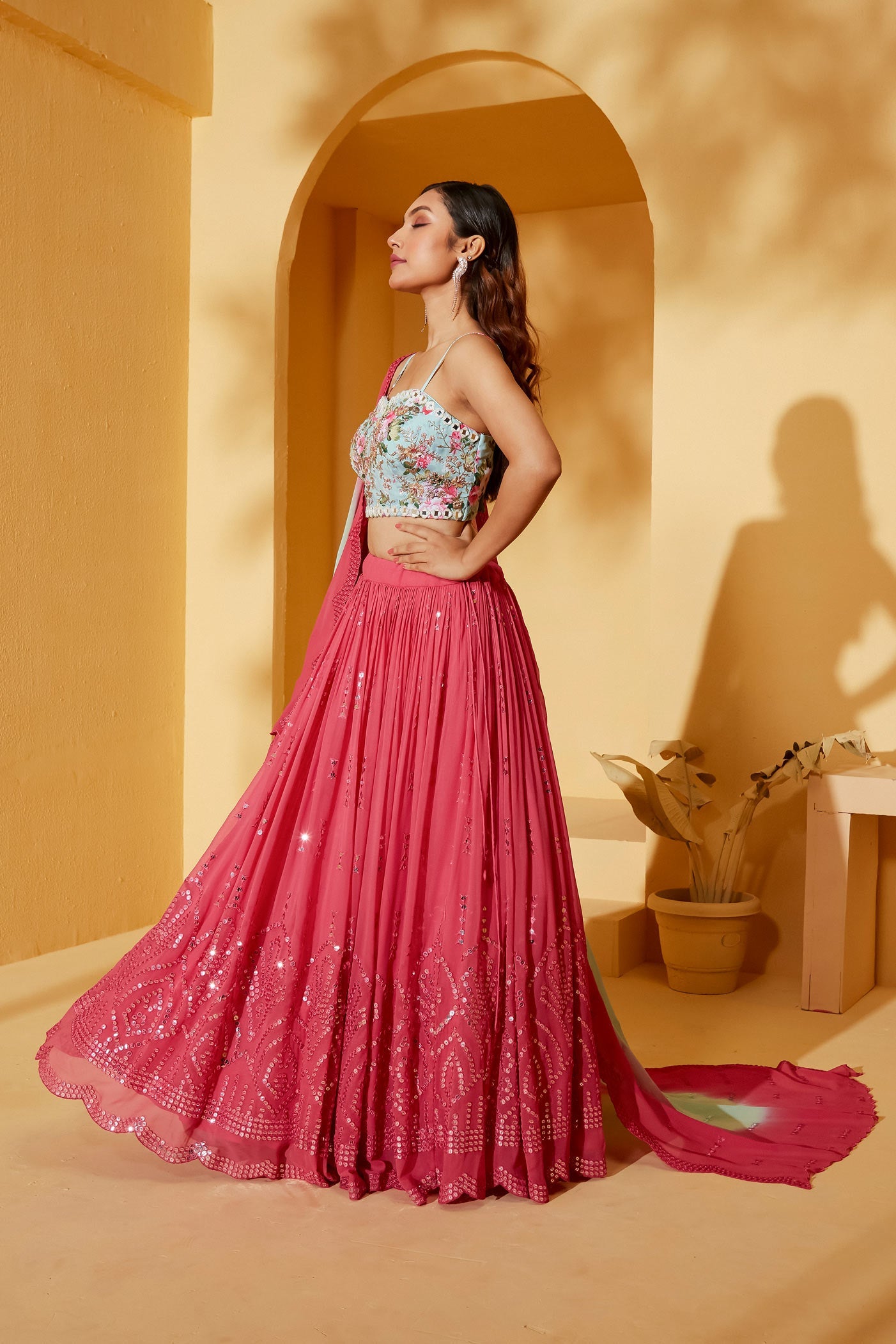 LIGHT BLUE AND CORAL LEHENGA SET
