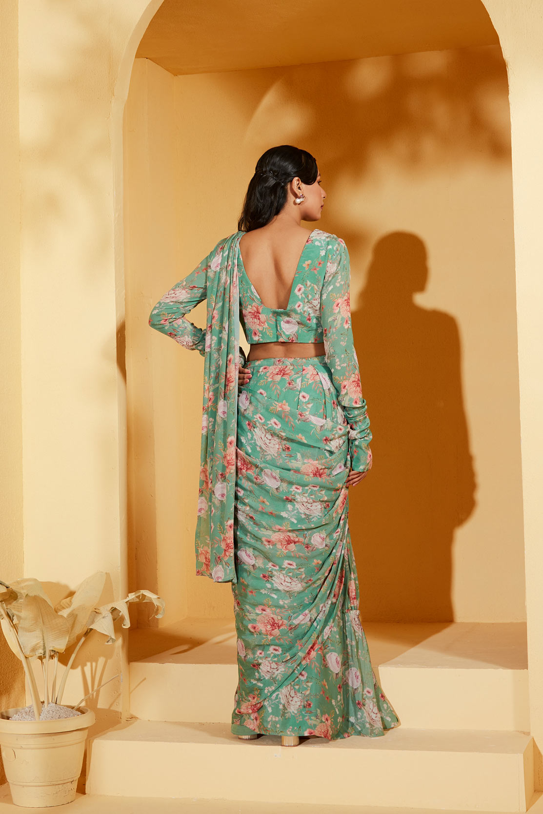 GREEN PRE DRAPE FLORAL SAREE