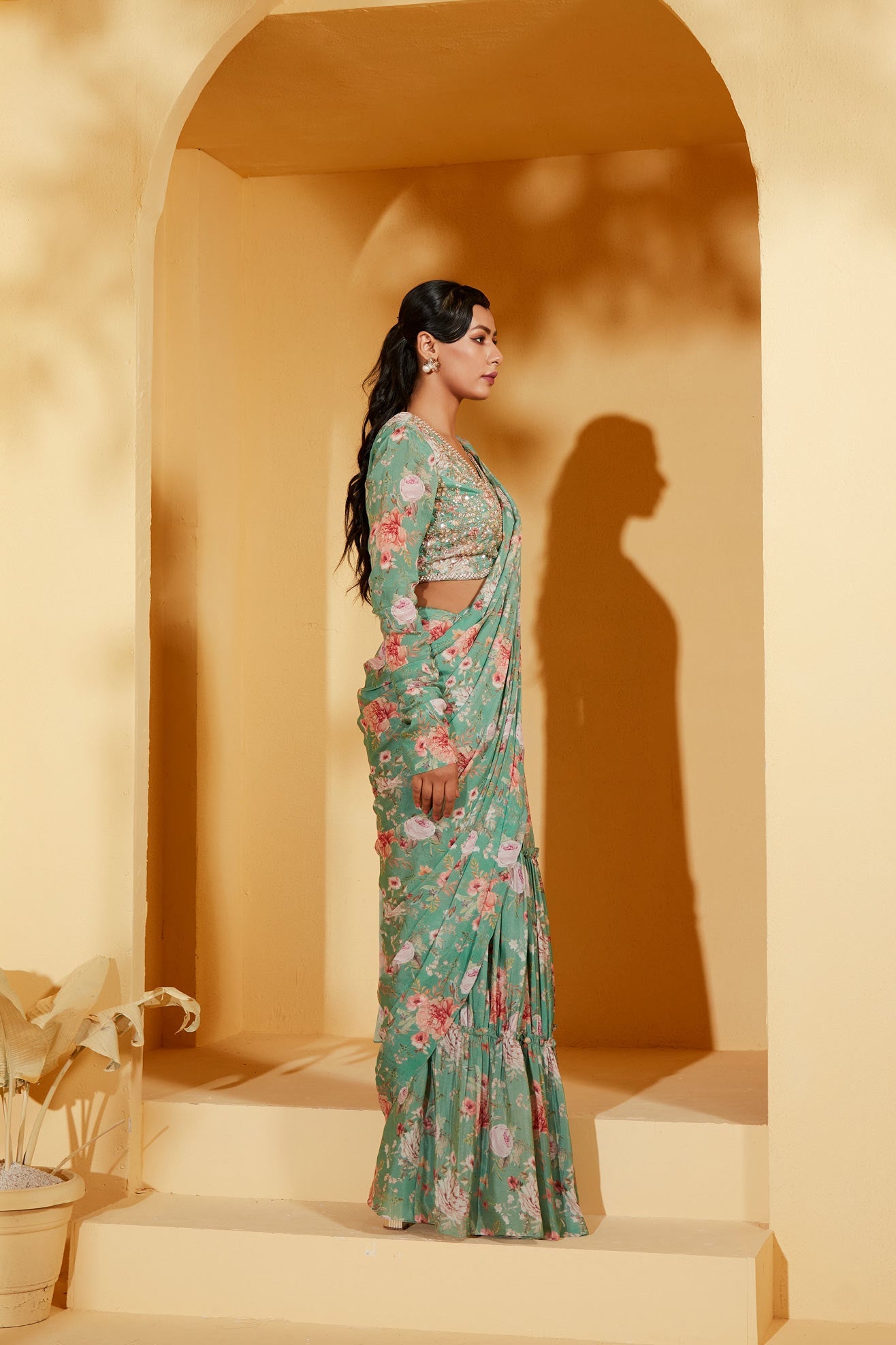 GREEN PRE DRAPE FLORAL SAREE