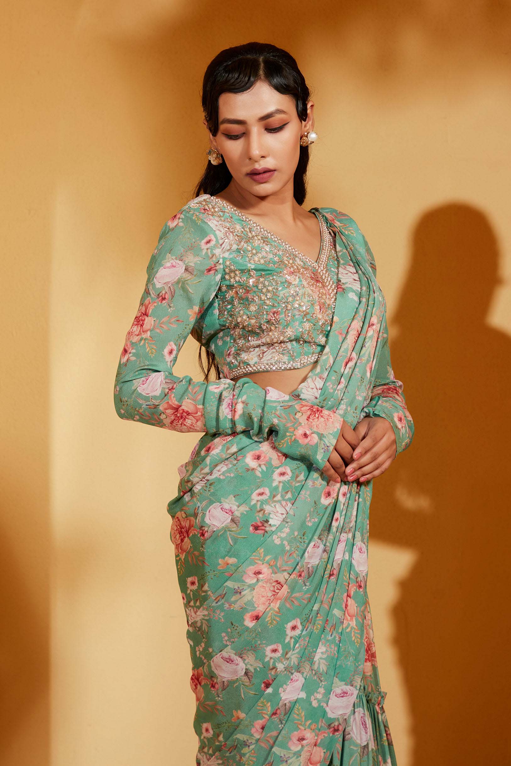 GREEN PRE DRAPE FLORAL SAREE