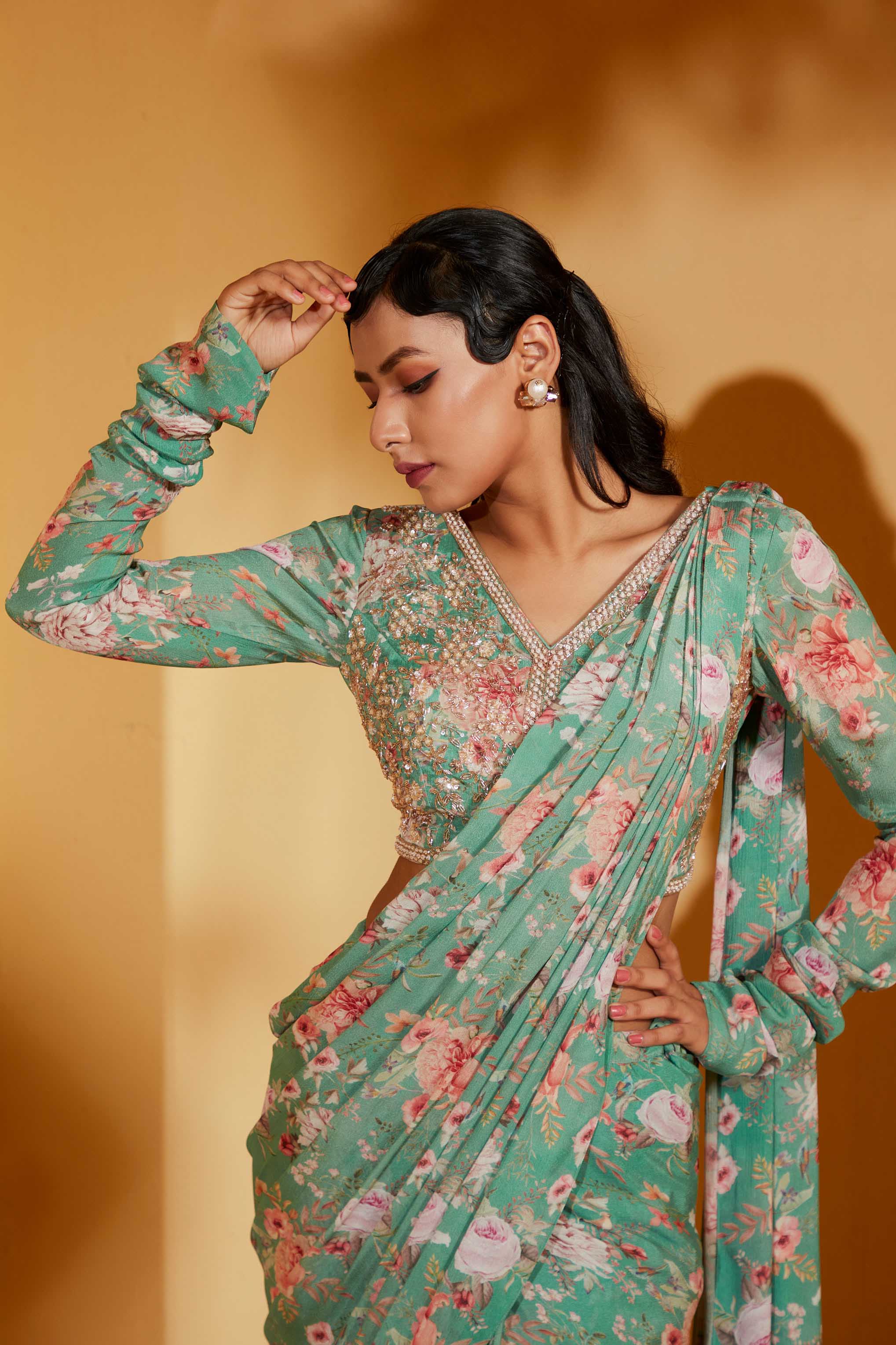 GREEN PRE DRAPE FLORAL SAREE