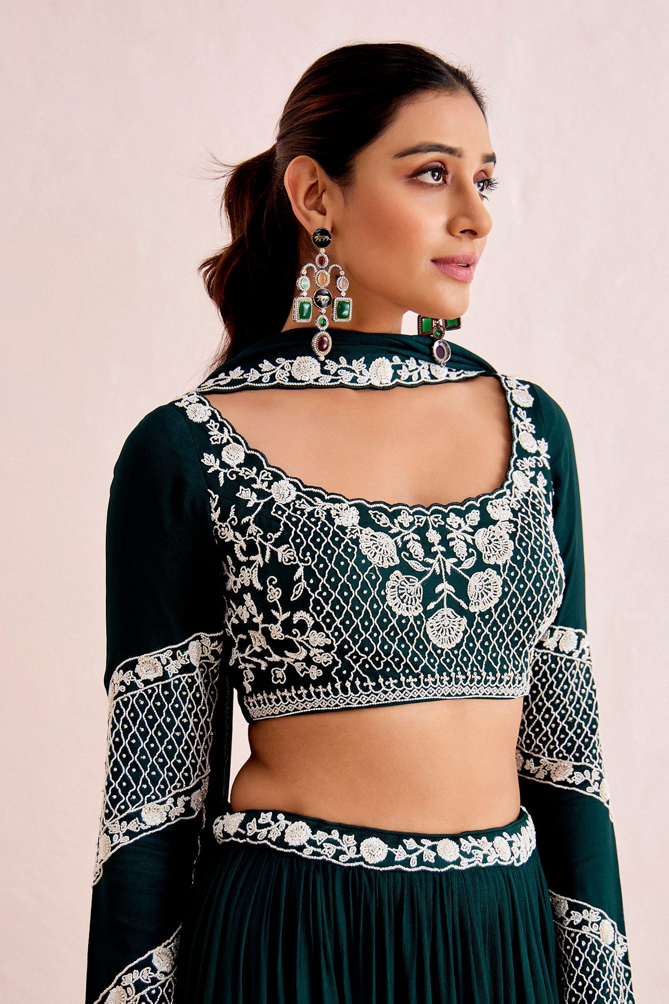 BOTTLE GREEN LAYERED LEHENGA SET