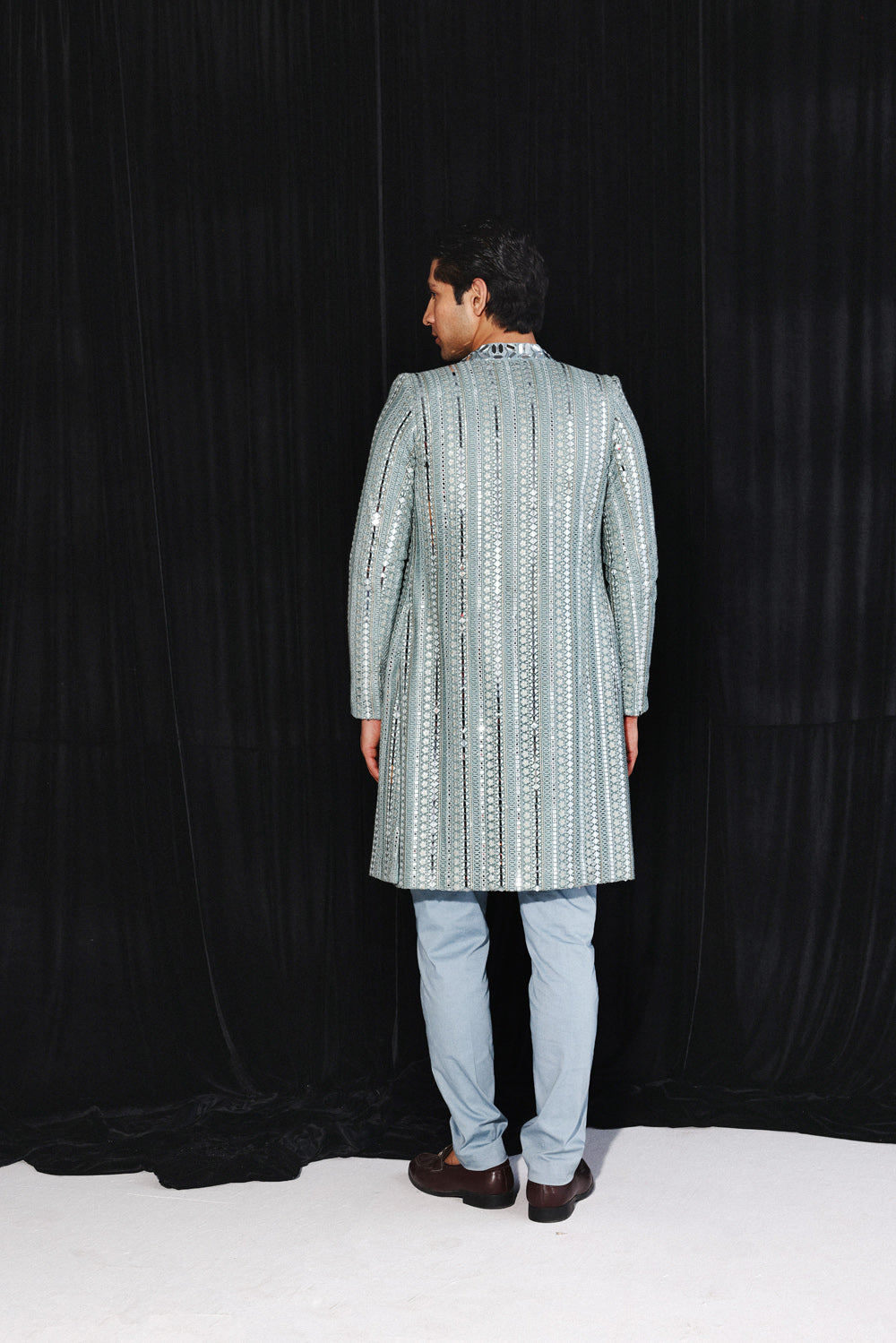POWDER BLUE GEOMETRICAL MIRROR WORK JACKET WITH BANARASI TISSUE KURTA & PANTS