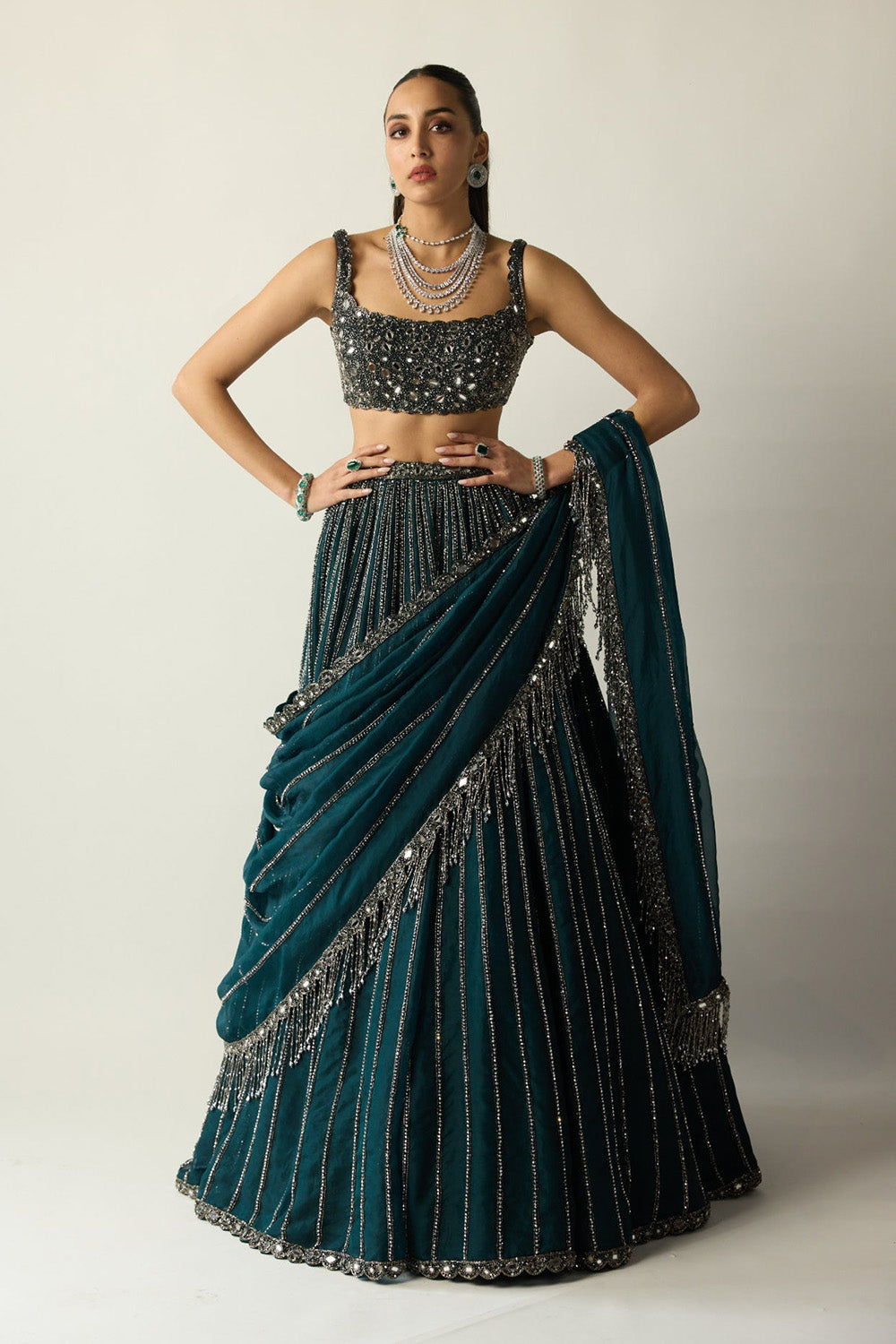 Dark Teal Linear Lehenga Set