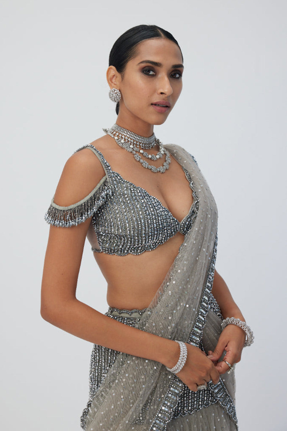 Crystal Grey Sequin Scattered Pre Draped Saree Set