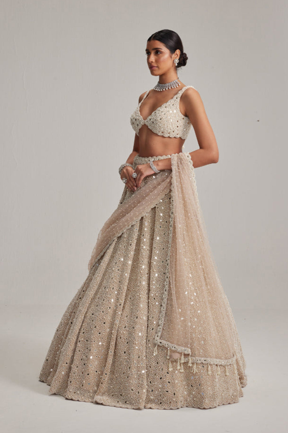Light Beige Dense mirror and pearl lehenga set