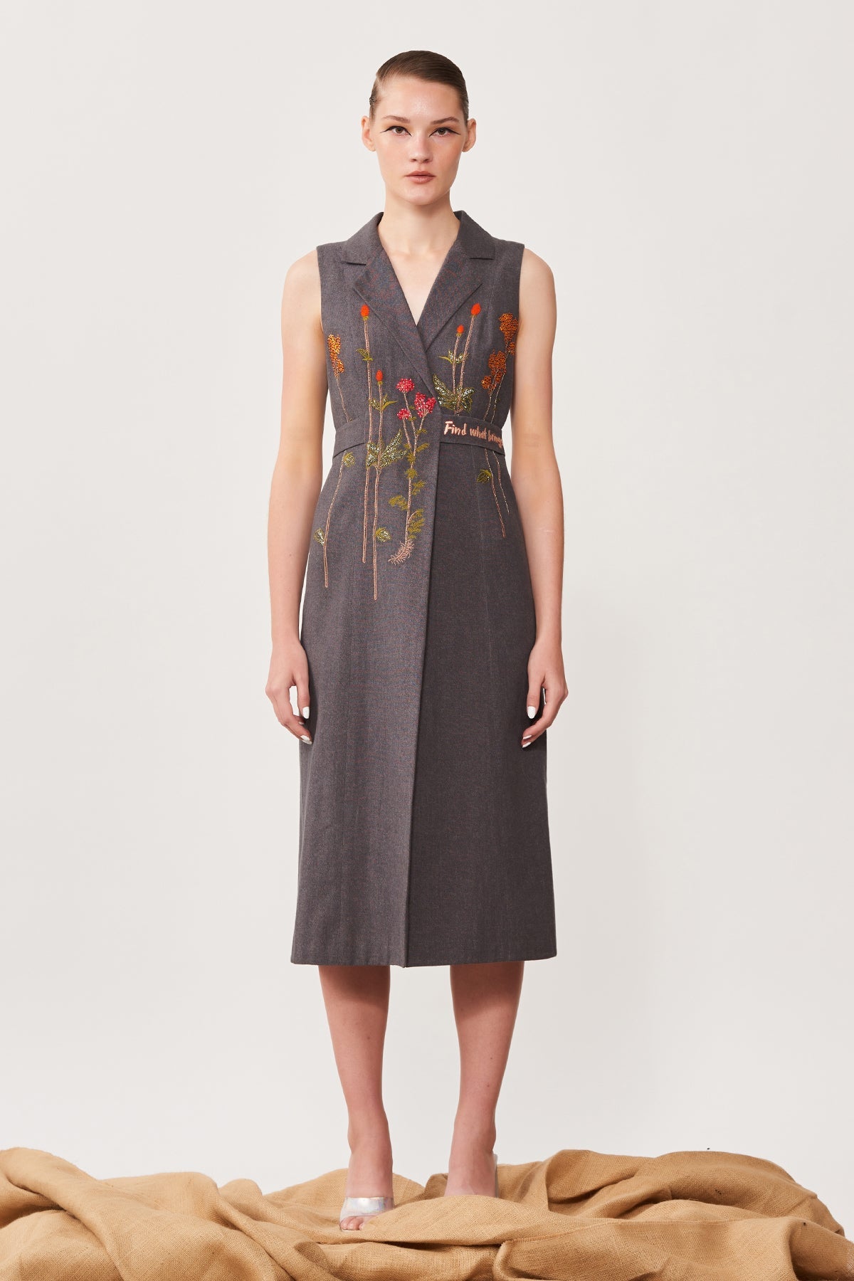 Botanical Flowers Sleeveless Wrap Dress With Attached Belt