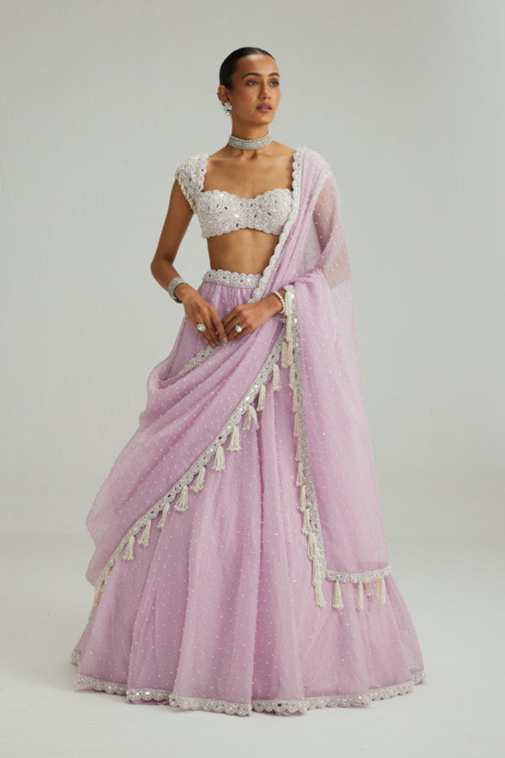 Lavender mirror and pearl lehenga set