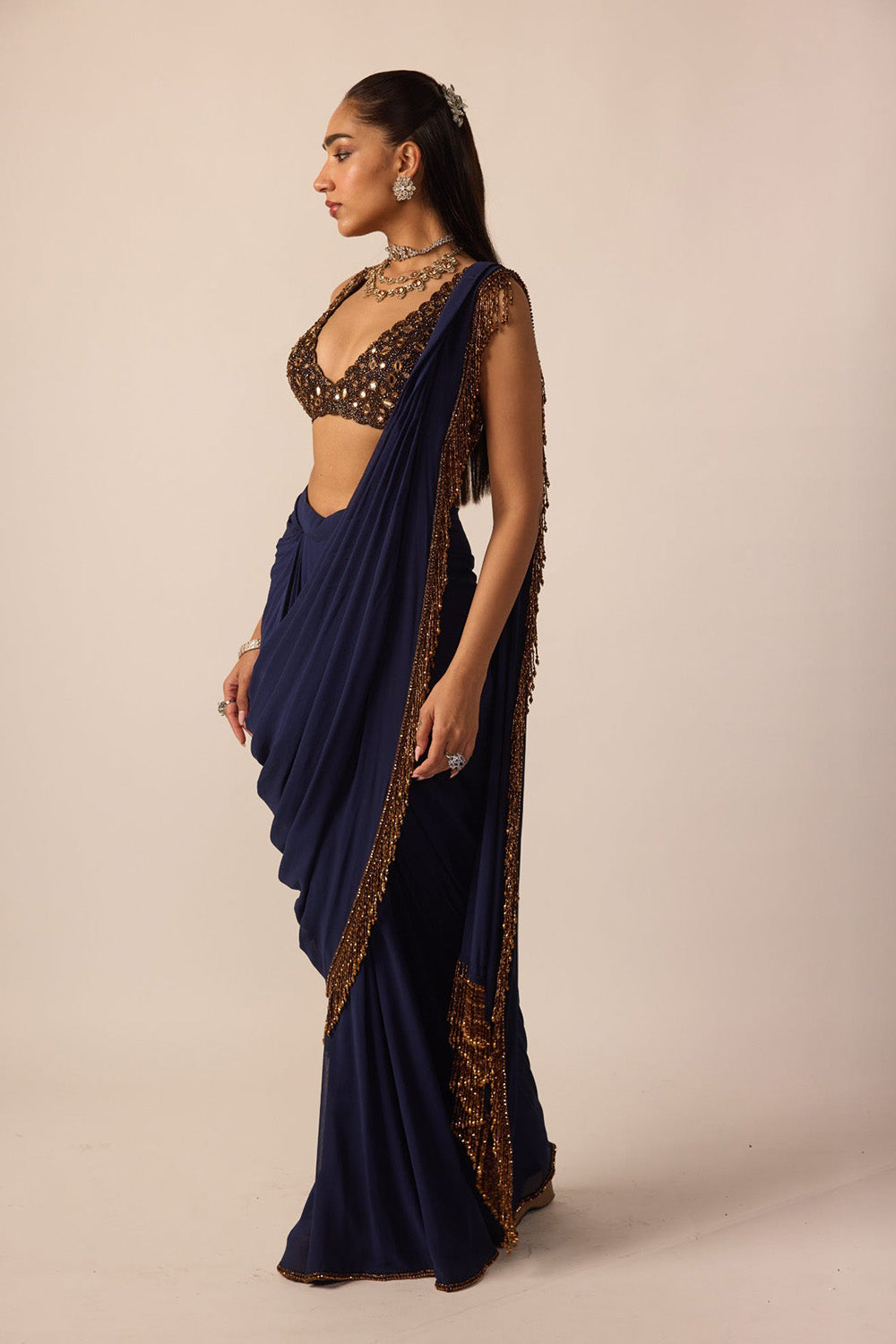Deep Blue Georgette Tassel Saree