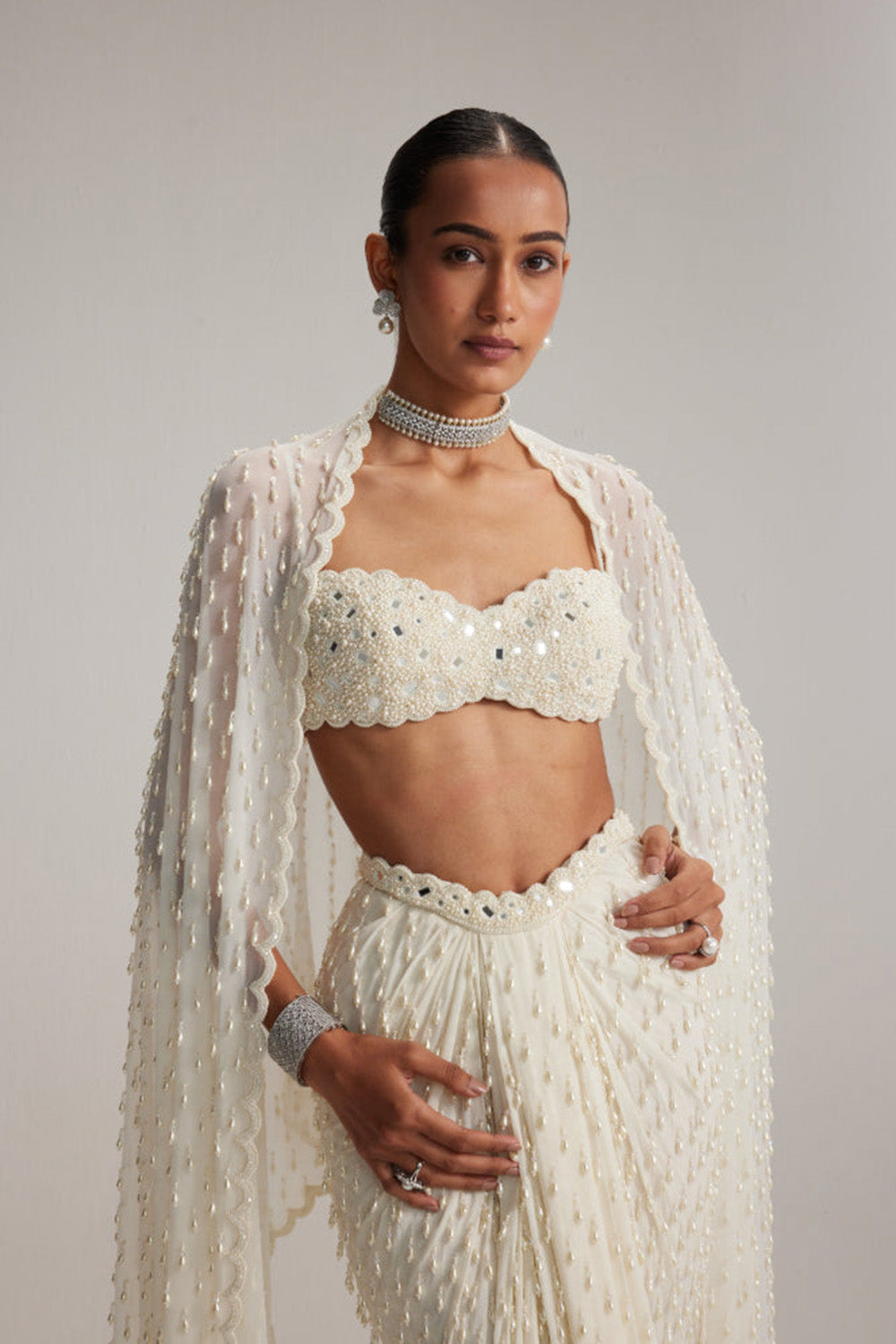 Pearl White Dense Drop Draped Skirt set