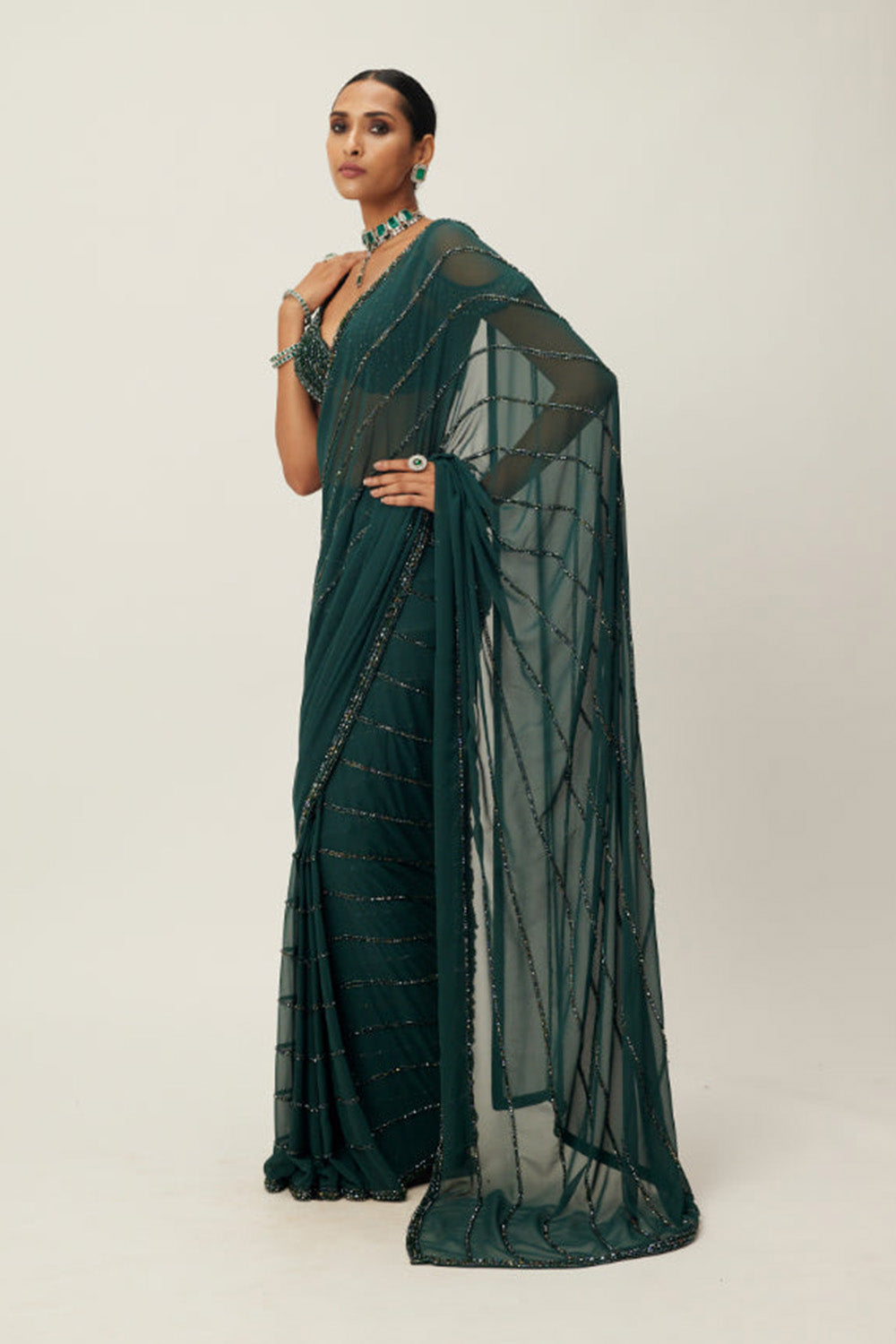 Dark Jade Green Crystal Linear Embroidered Saree