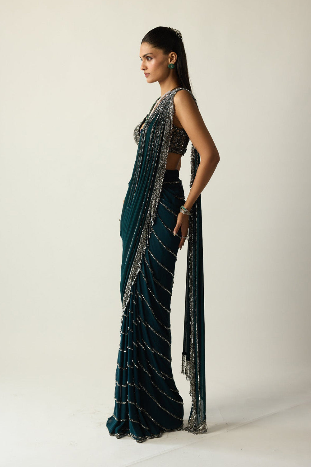 Dark Teal Linear Draped Saree