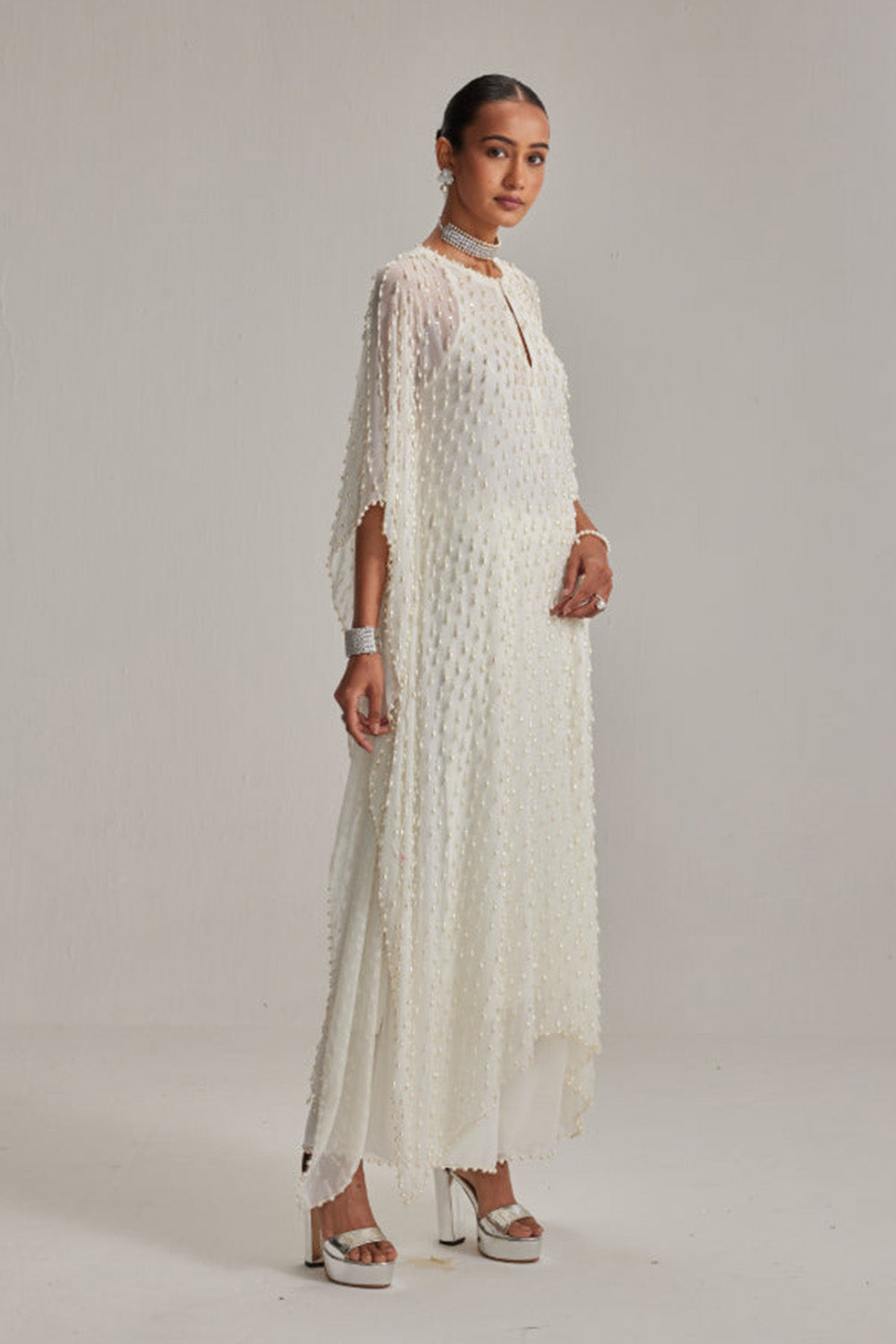Off White Pearl Drop Kaftaan set