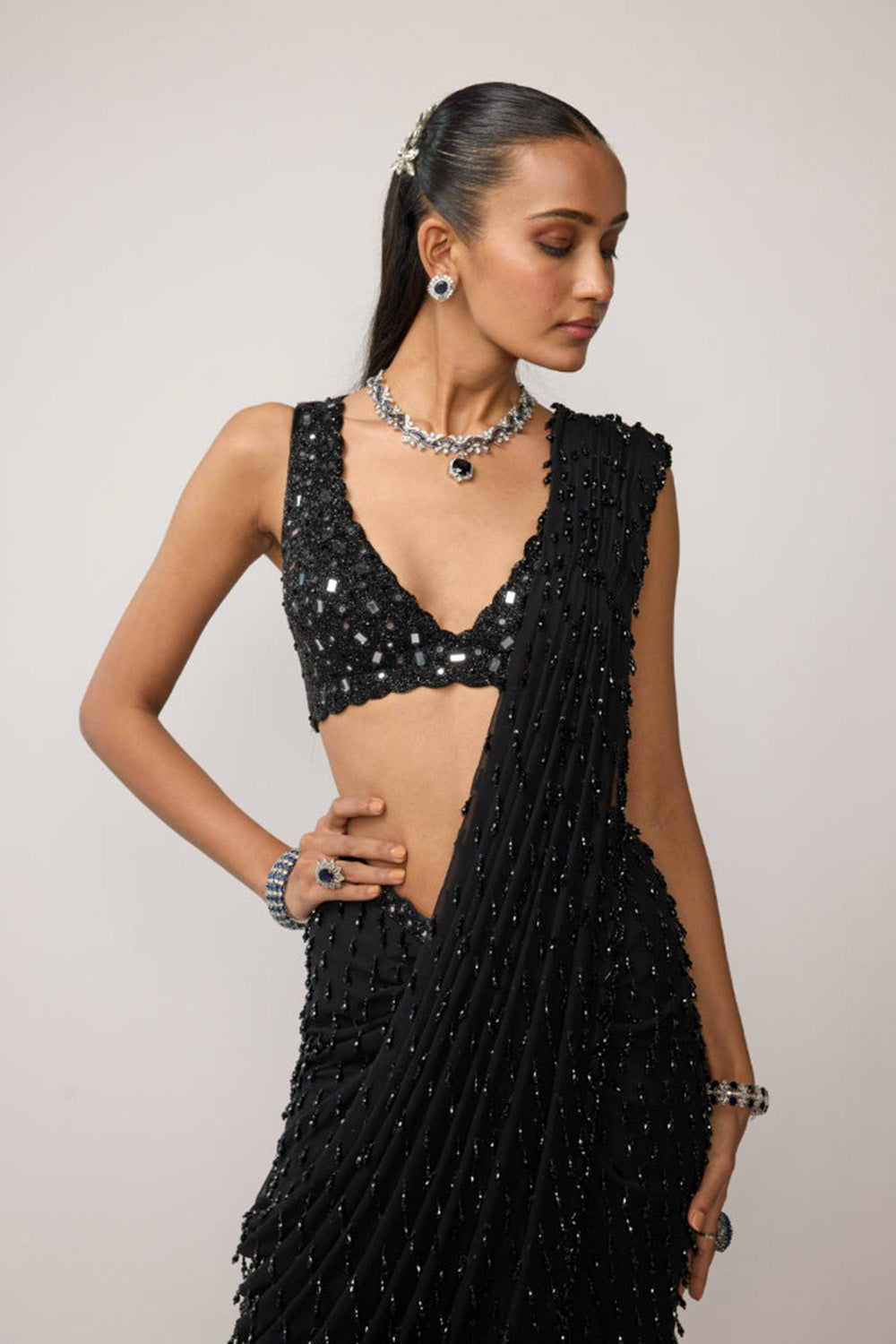 Black Single Drop V Neck Saree Set